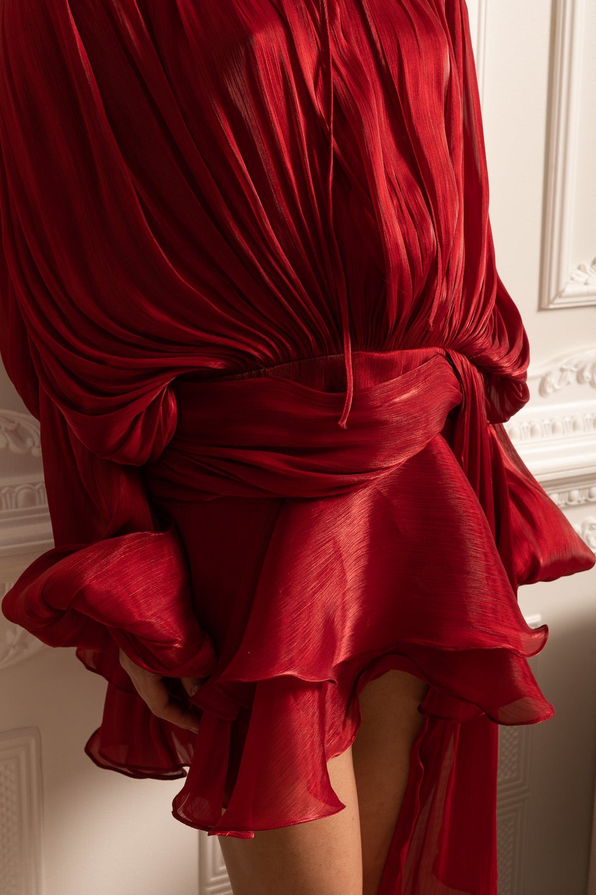 Draped Long-Sleeved Dress with Mini Skirt And Ruched Waistband - Red