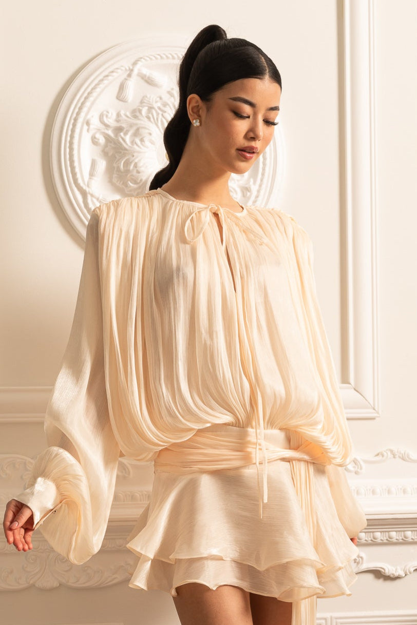 Draped Long-Sleeved Dress with Mini Skirt And Ruched Waistband - Ivoire