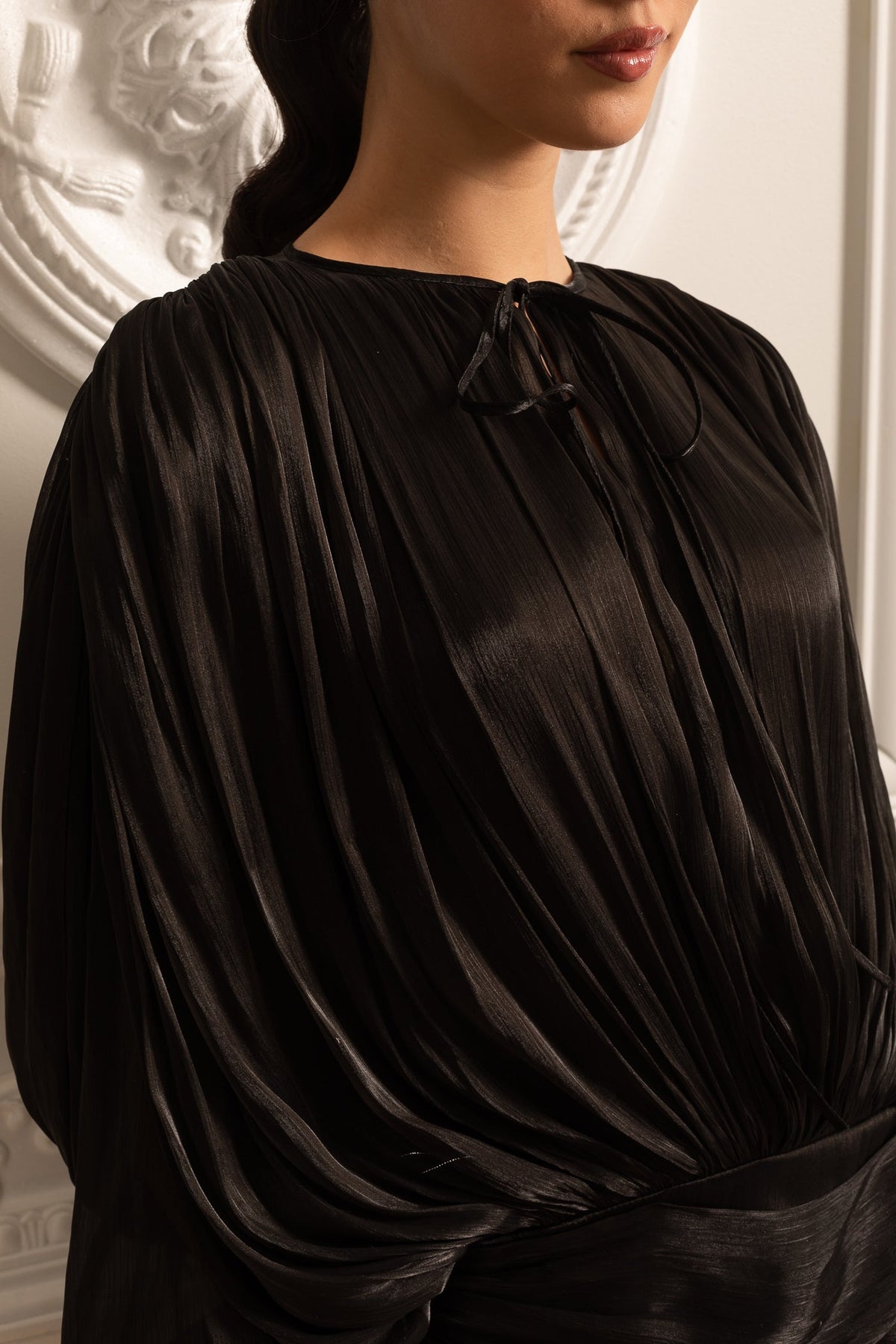 Draped Long-Sleeved Dress with Mini Skirt And Ruched Waistband - Black