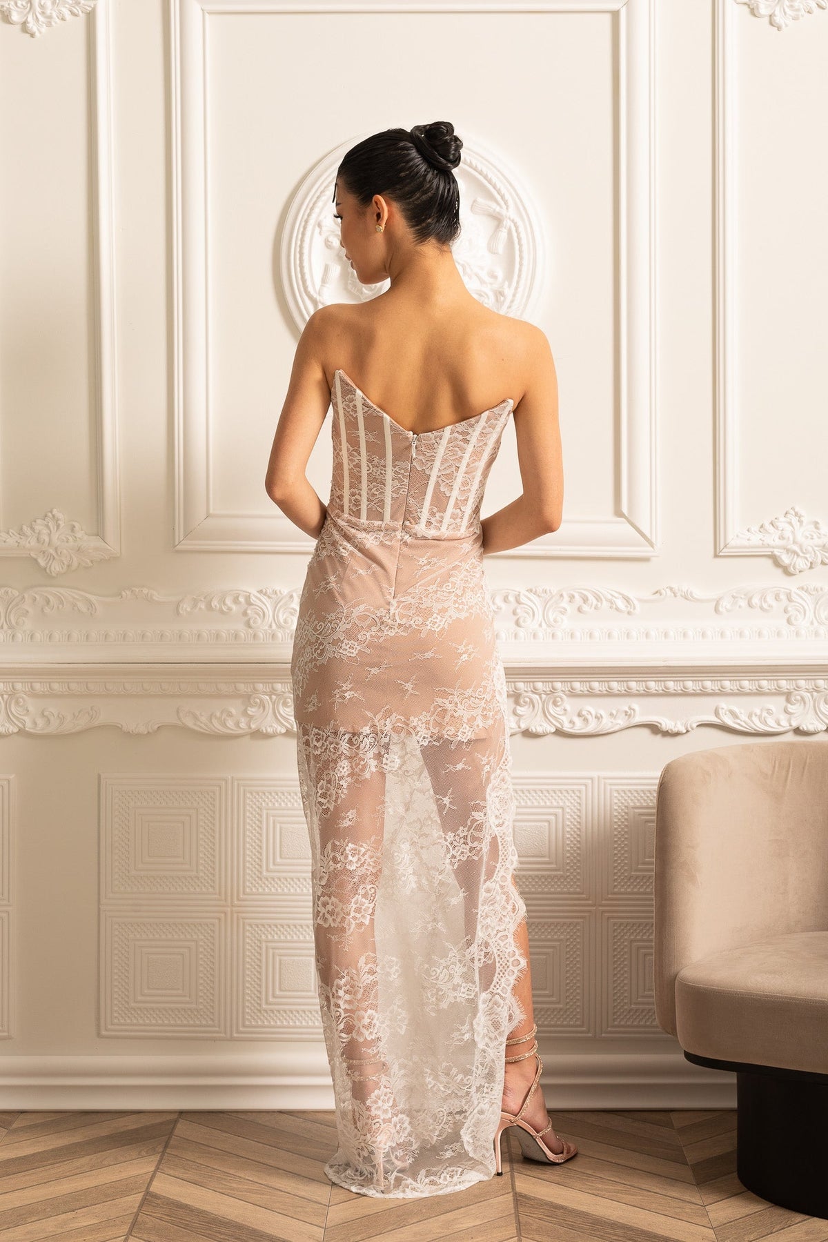 Delicate Lace Gown With Feather Embellished Neckline - White