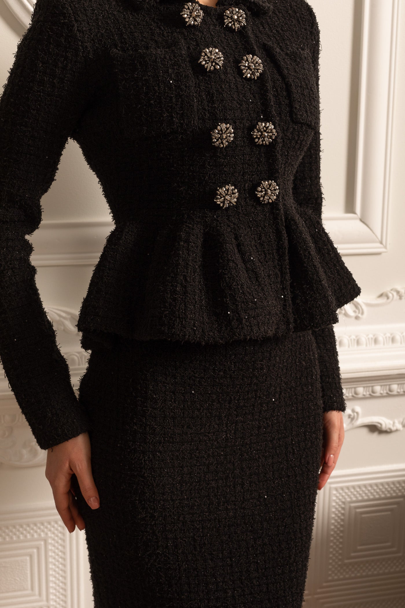 Knitted Textured Dress With Peplum Waist And Decorative Buttons - Black