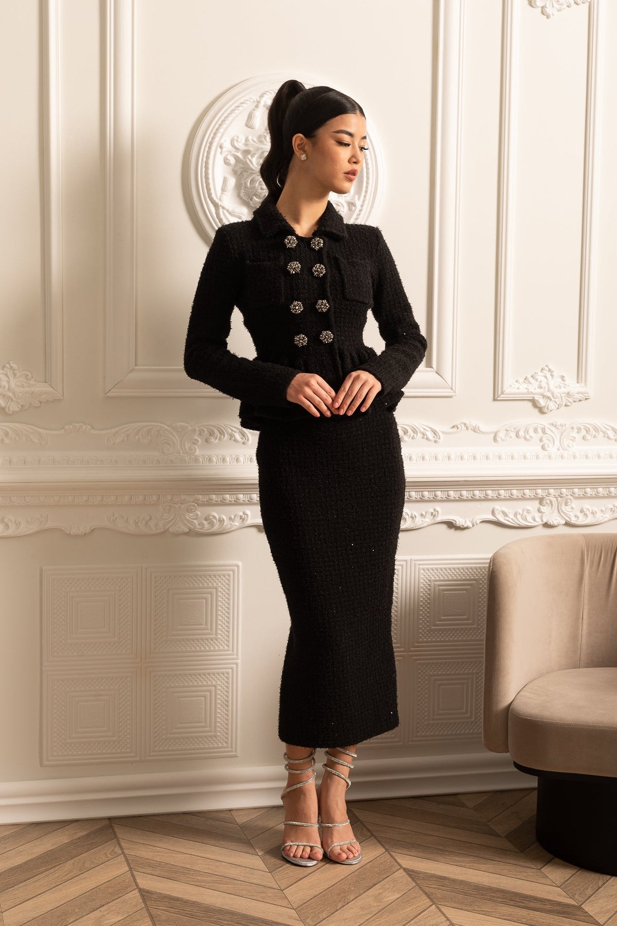 Knitted Textured Dress With Peplum Waist And Decorative Buttons - Black