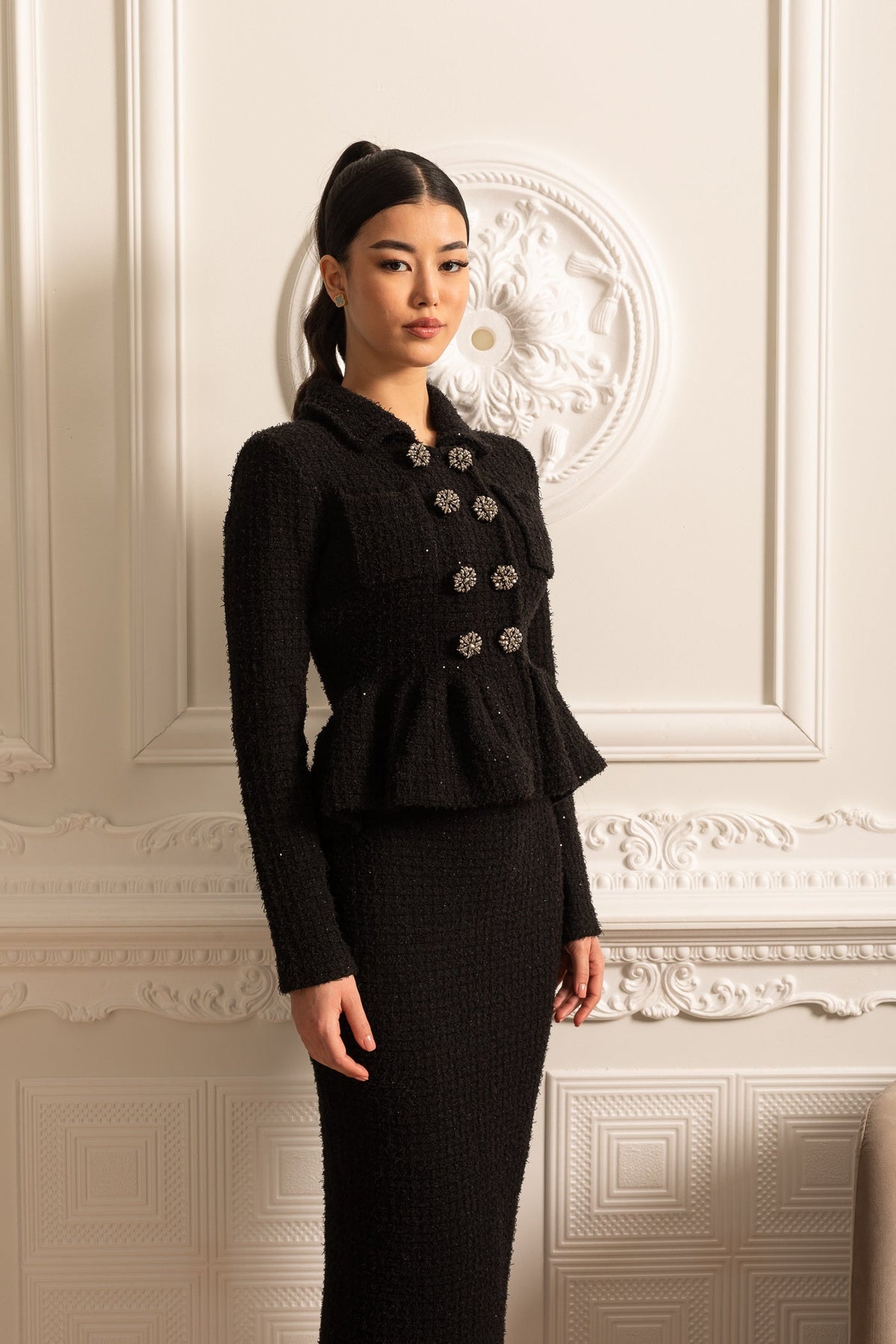 Knitted Textured Dress With Peplum Waist And Decorative Buttons - Black