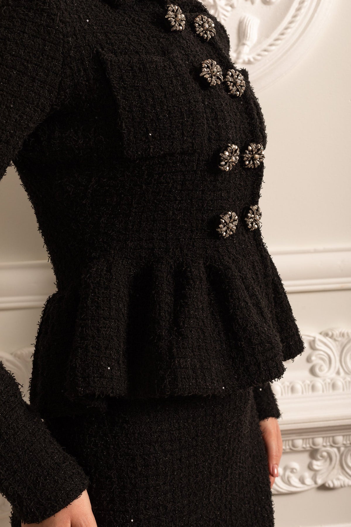 Knitted Textured Dress With Peplum Waist And Decorative Buttons - Black