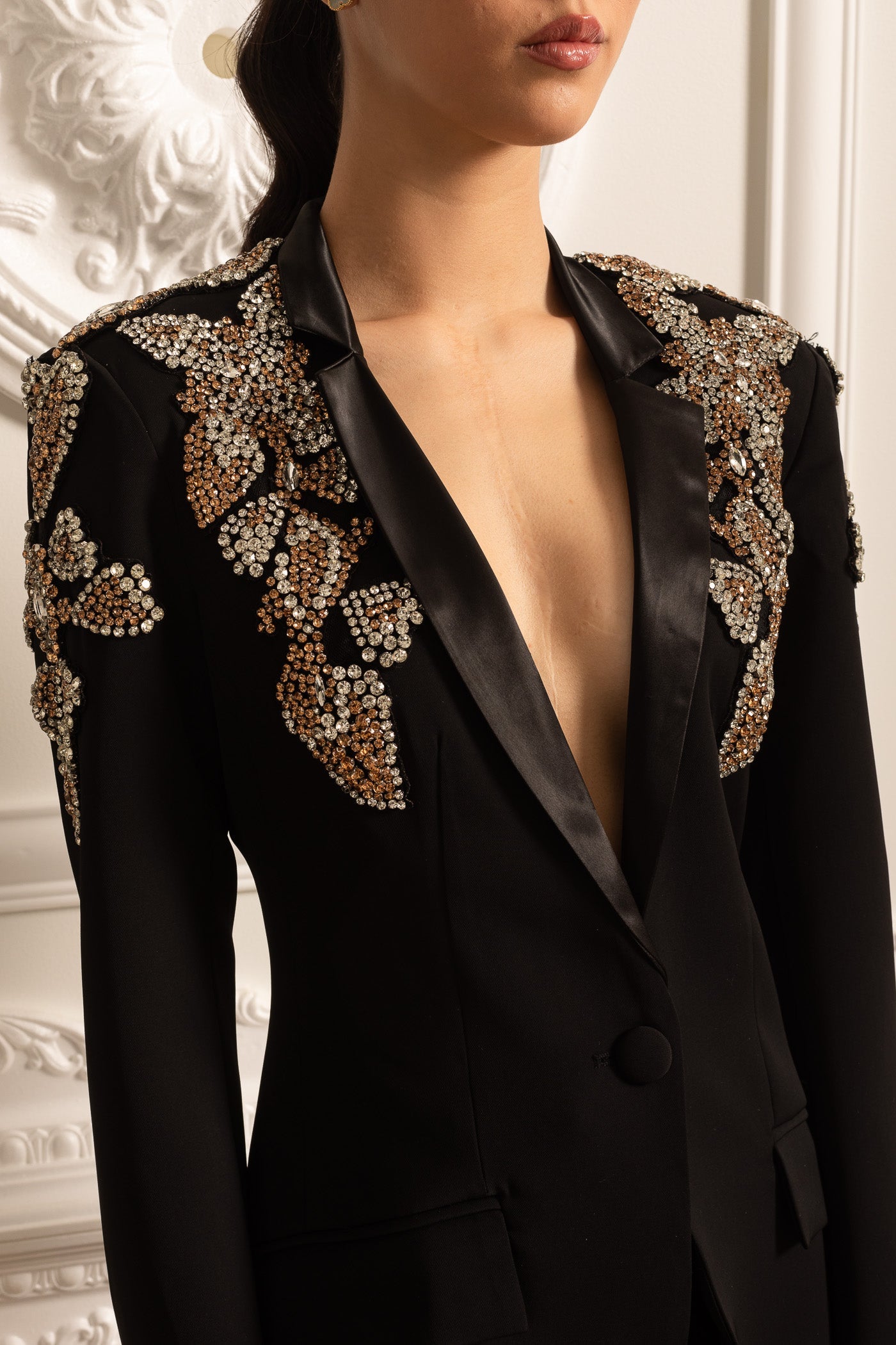 Elegant Set With Diamond Embellished Blazer And Coordinated Flared Long Pants - Black