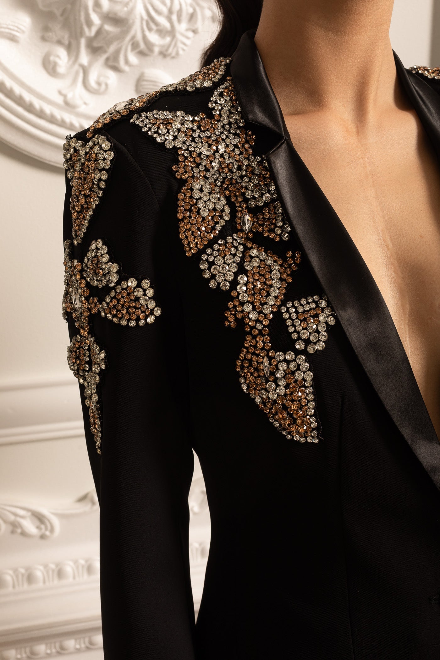 Elegant Set With Diamond Embellished Blazer And Coordinated Flared Long Pants - Black