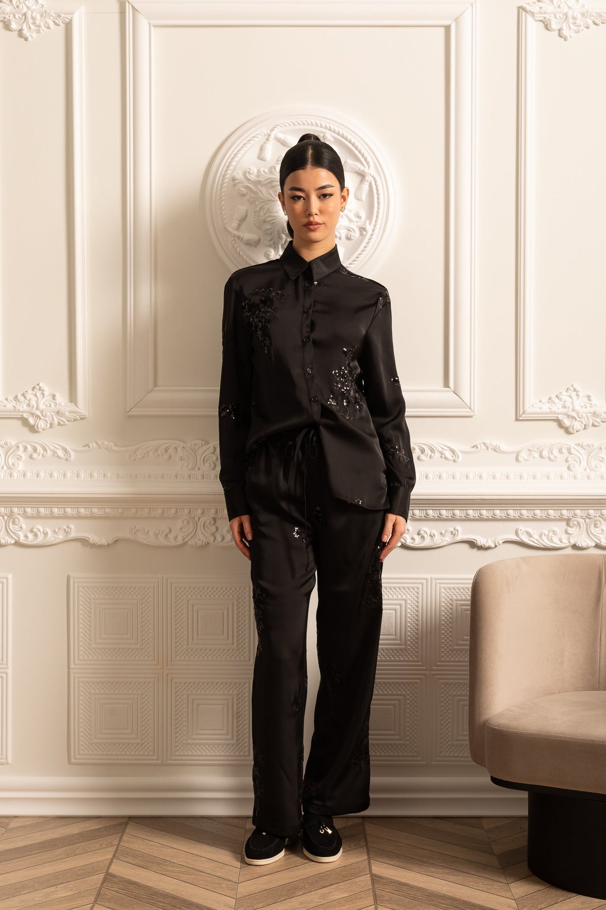 Sequin Embellished Satin Set With Long Sleeved Shirt And Coordinated Pants - Black