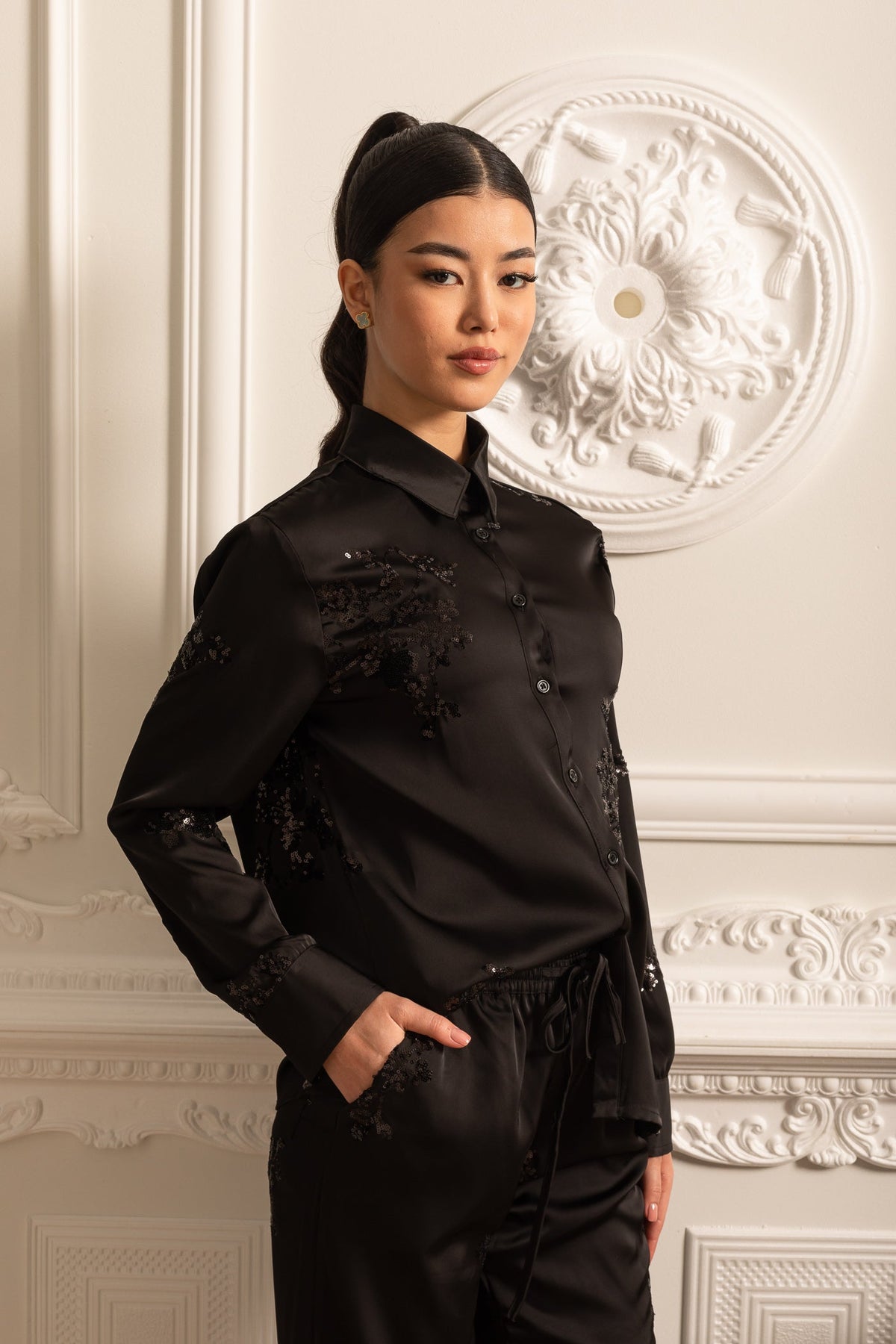 Sequin Embellished Satin Set With Long Sleeved Shirt And Coordinated Pants - Black