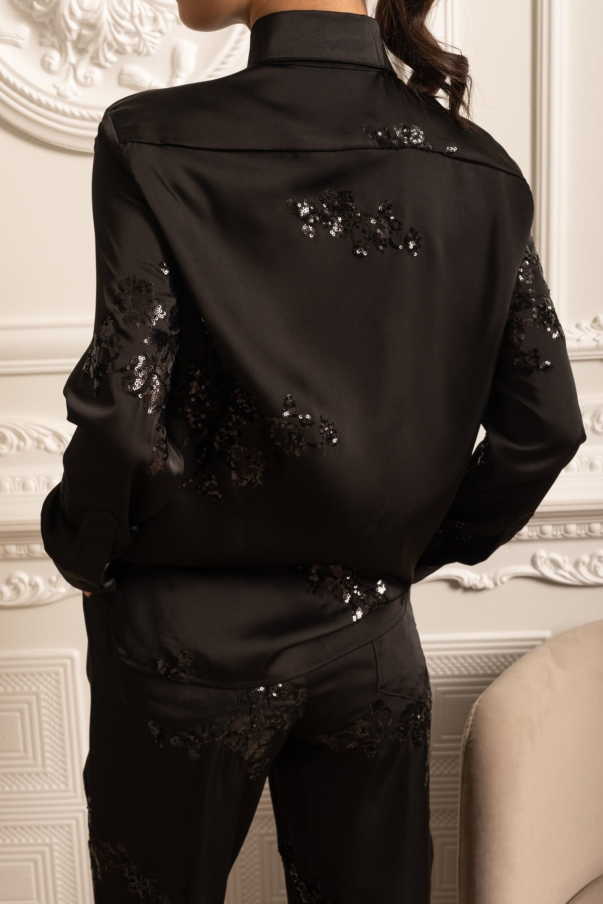 Sequin Embellished Satin Set With Long Sleeved Shirt And Coordinated Pants - Black