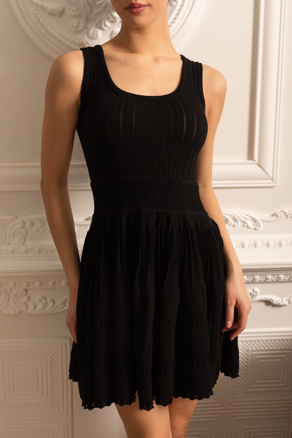 Fitted Mini Dress With Ribbed Texture - Black