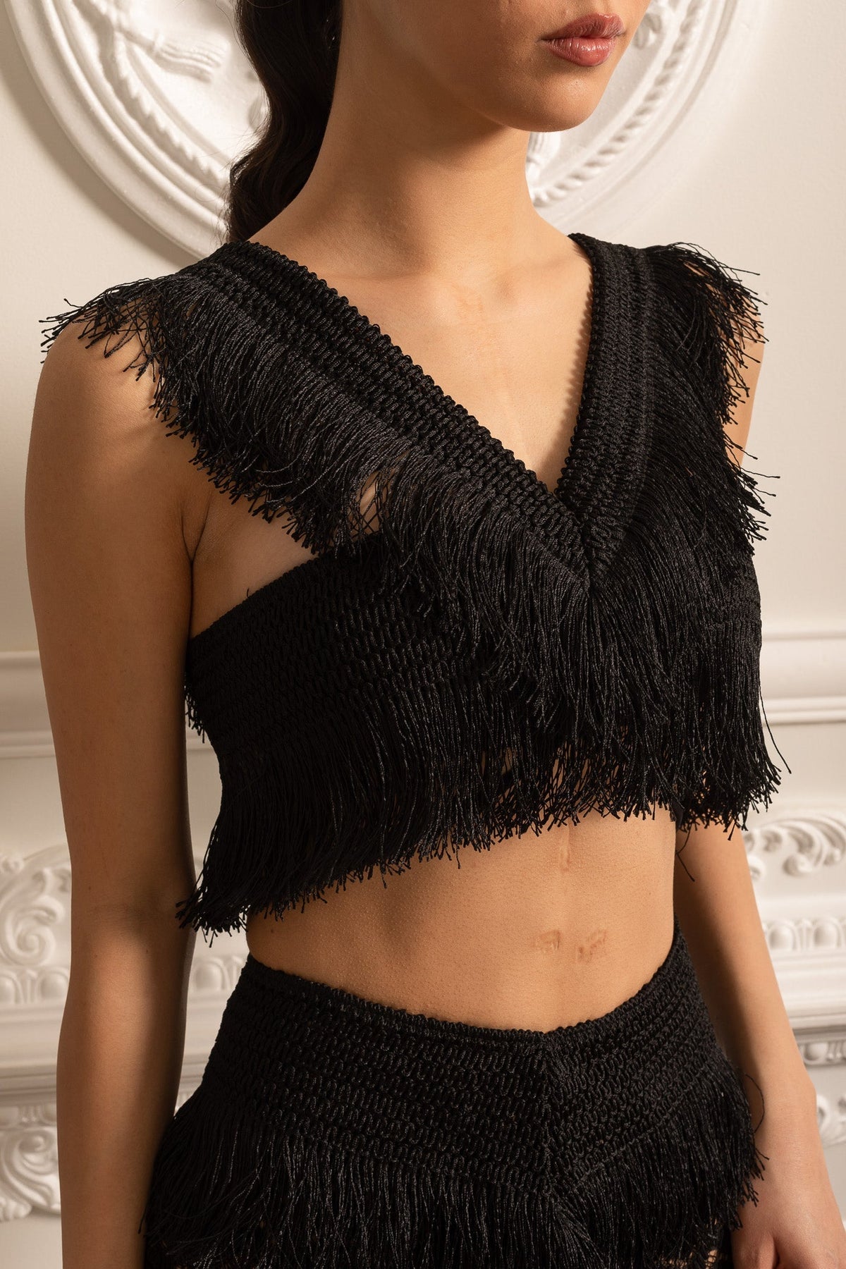 Fringed Ensemble With Sleeveless Crop Top And Long Sheer Skirt - Black