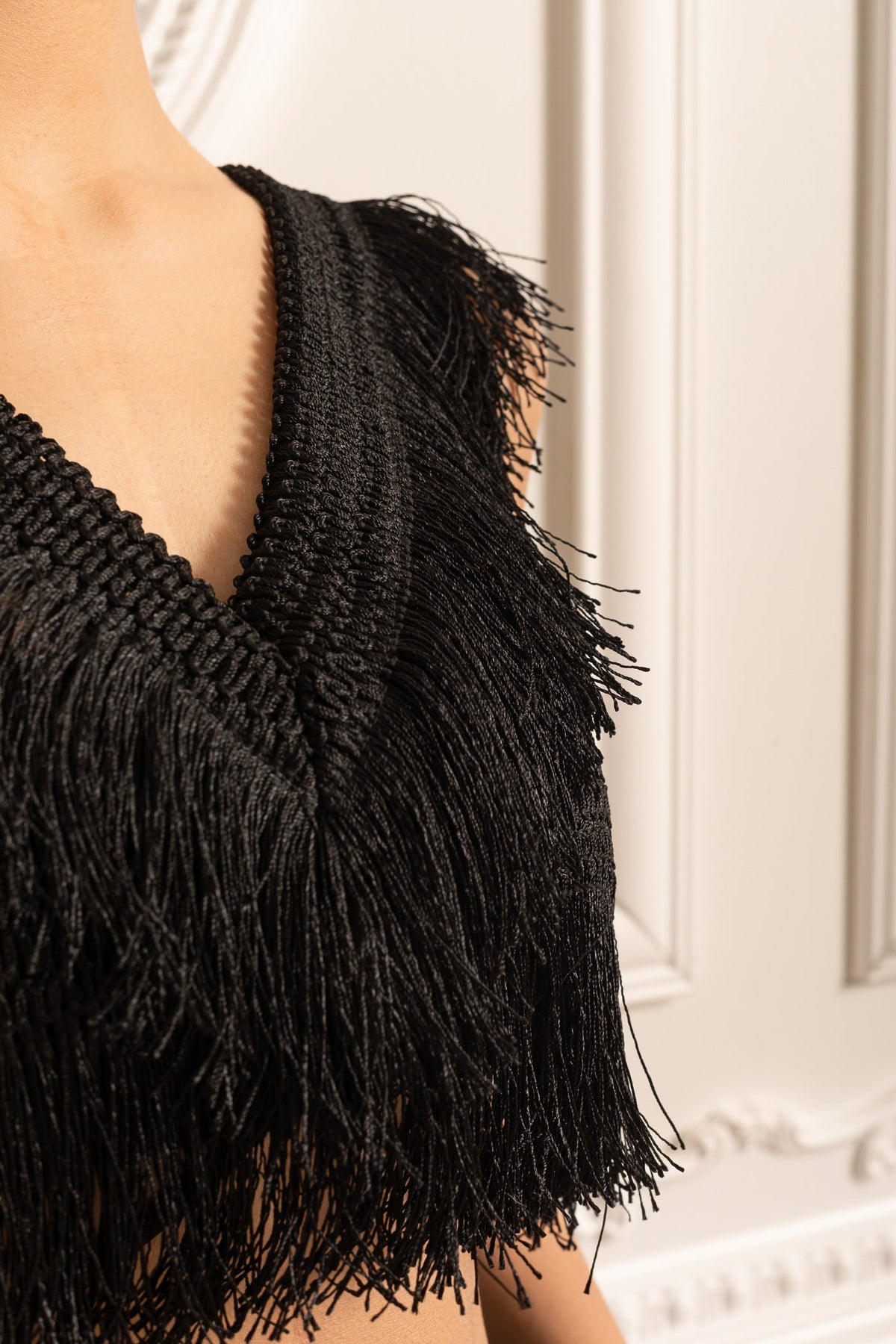 Fringed Ensemble With Sleeveless Crop Top And Long Sheer Skirt - Black