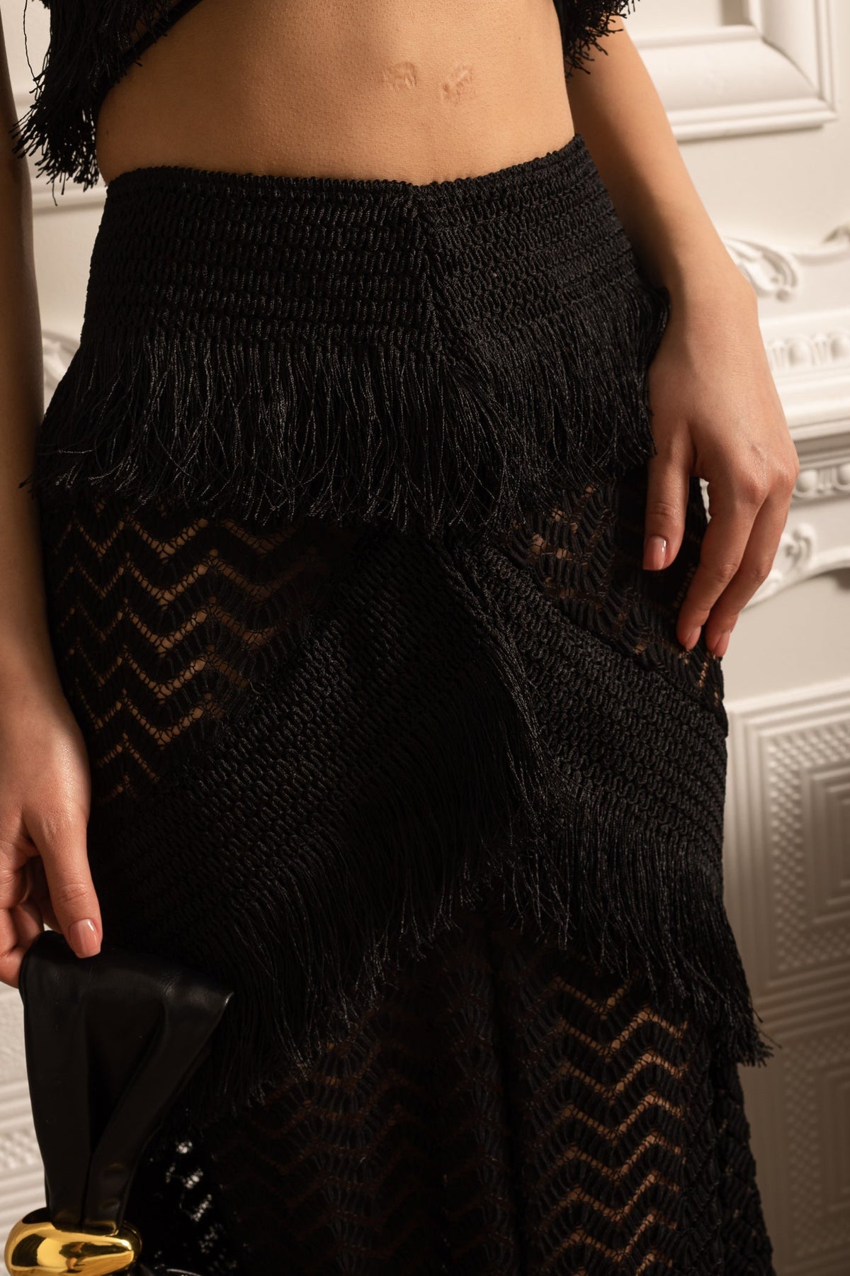 Fringed Ensemble With Sleeveless Crop Top And Long Sheer Skirt - Black