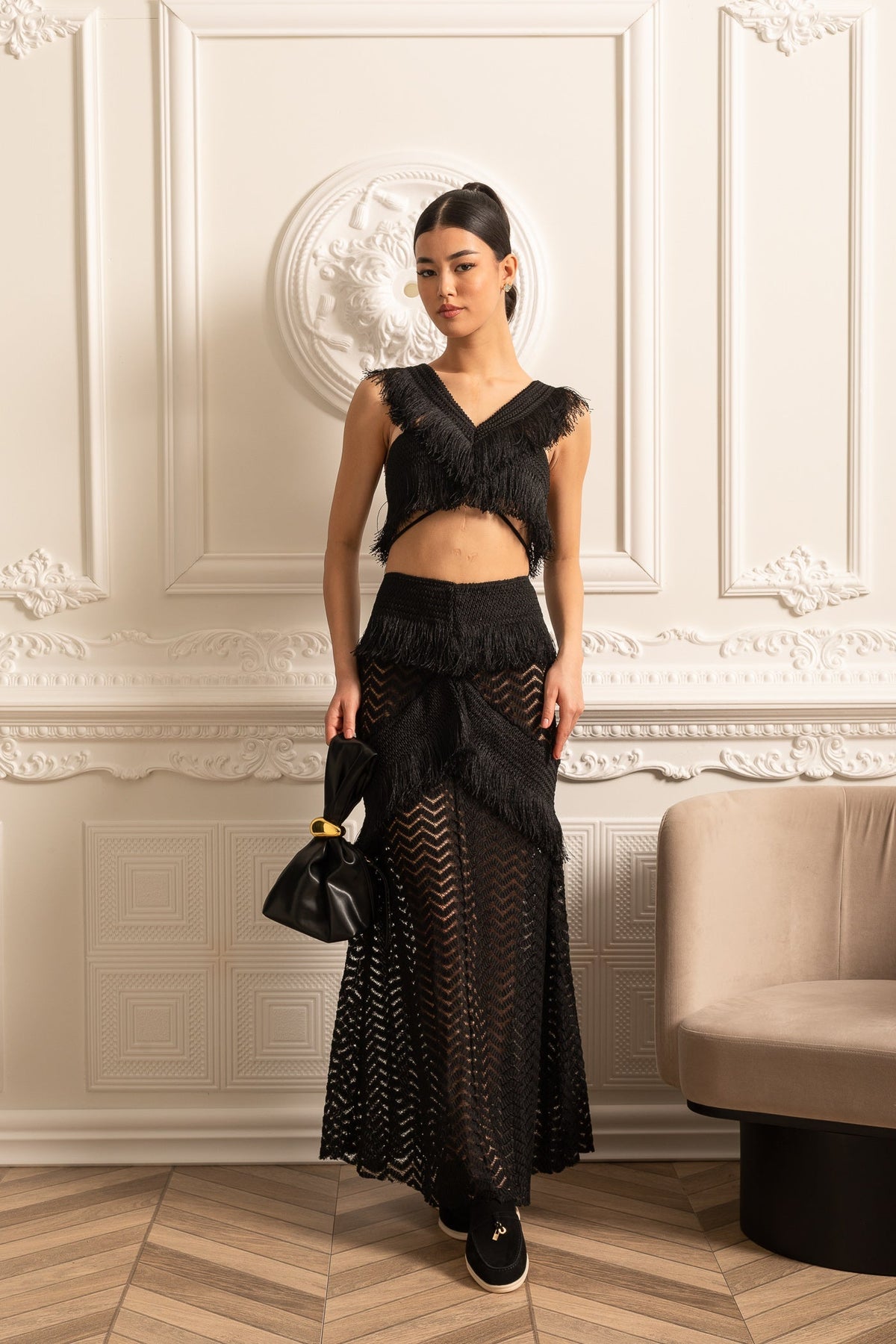 Fringed Ensemble With Sleeveless Crop Top And Long Sheer Skirt - Black