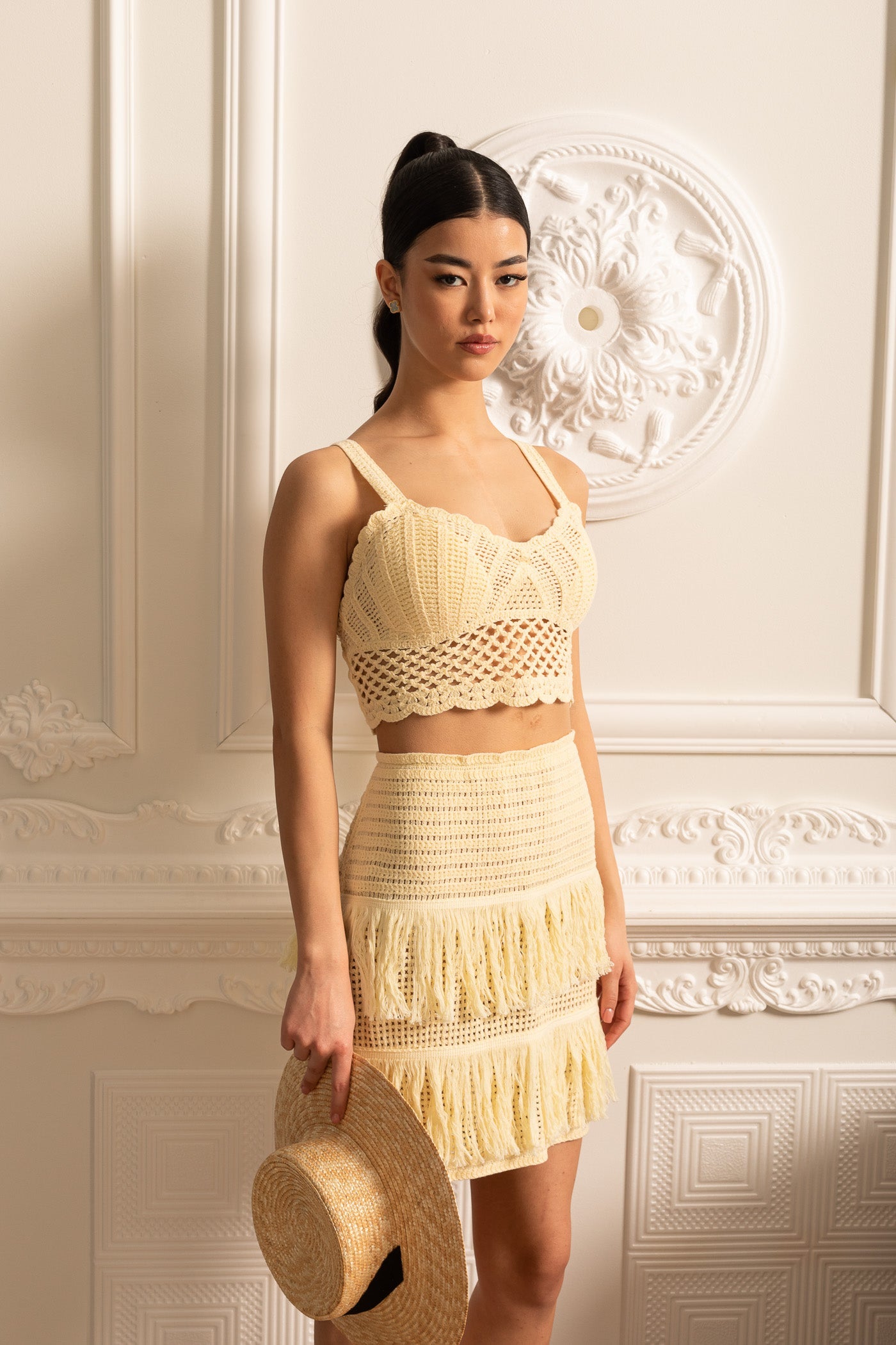 Crochet Ensemble With Crop Top And Coordinated Fringed Mini Skirt - Ivoire
