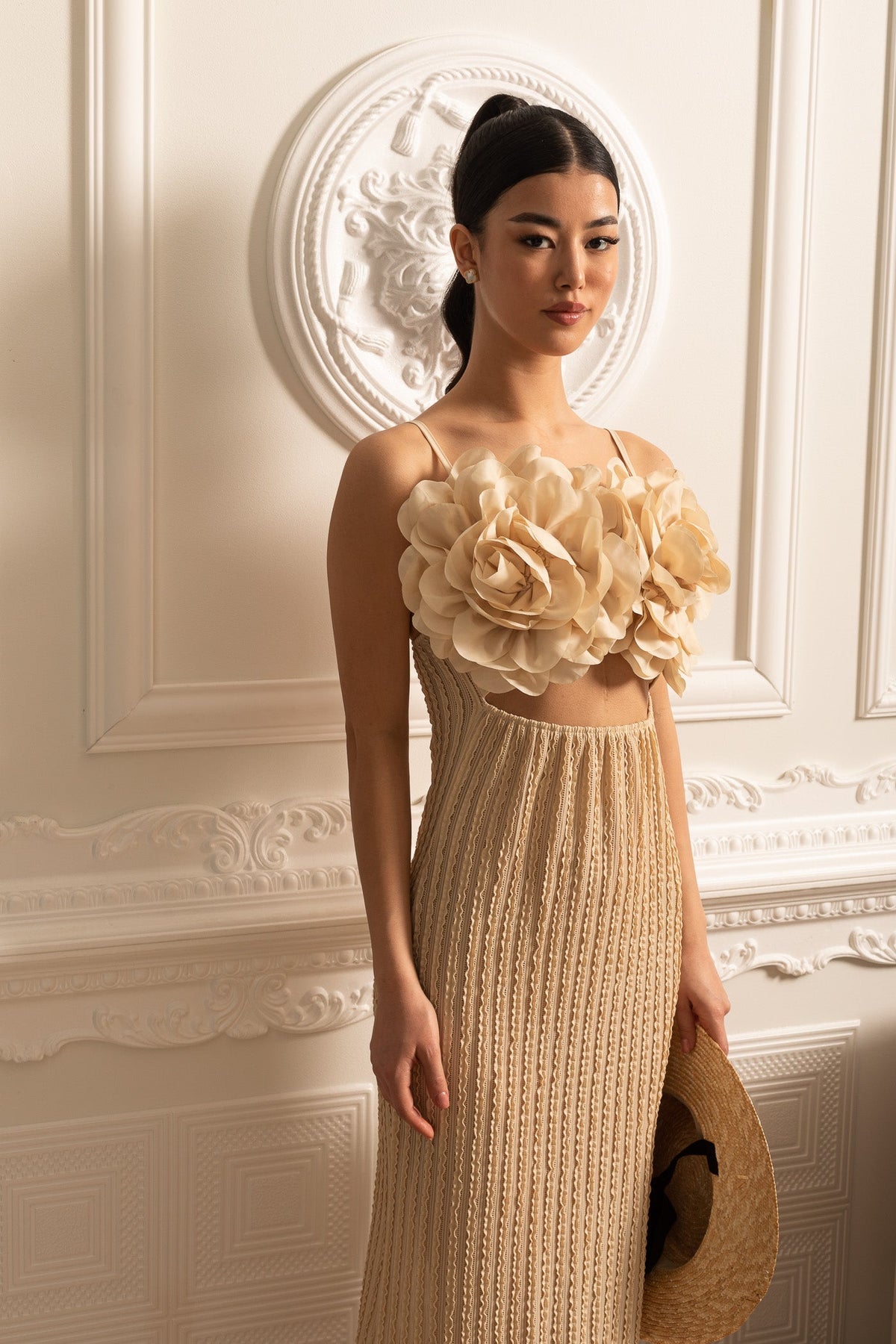 Exotic Dress With Oversized Floral Chest Embellishments - Beige