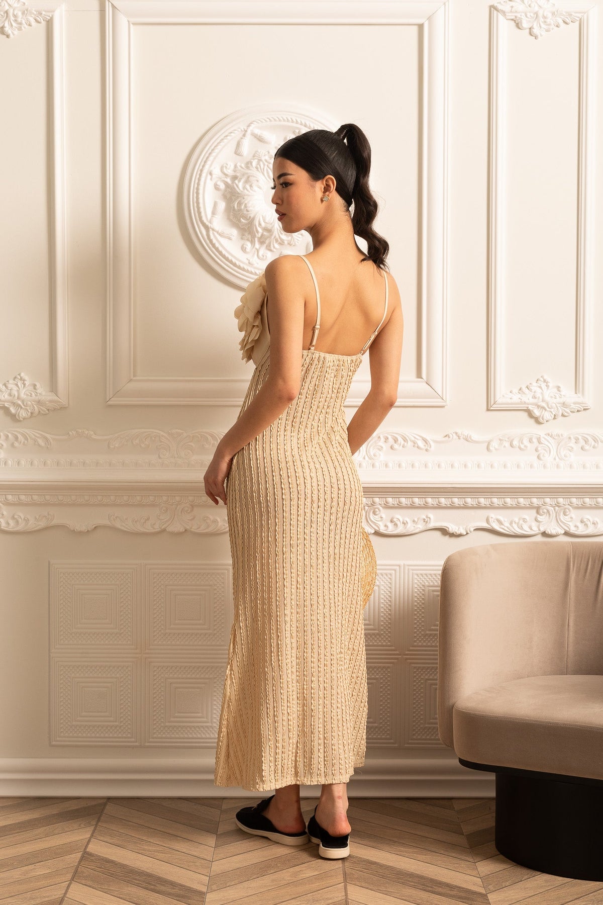 Exotic Dress With Oversized Floral Chest Embellishments - Beige
