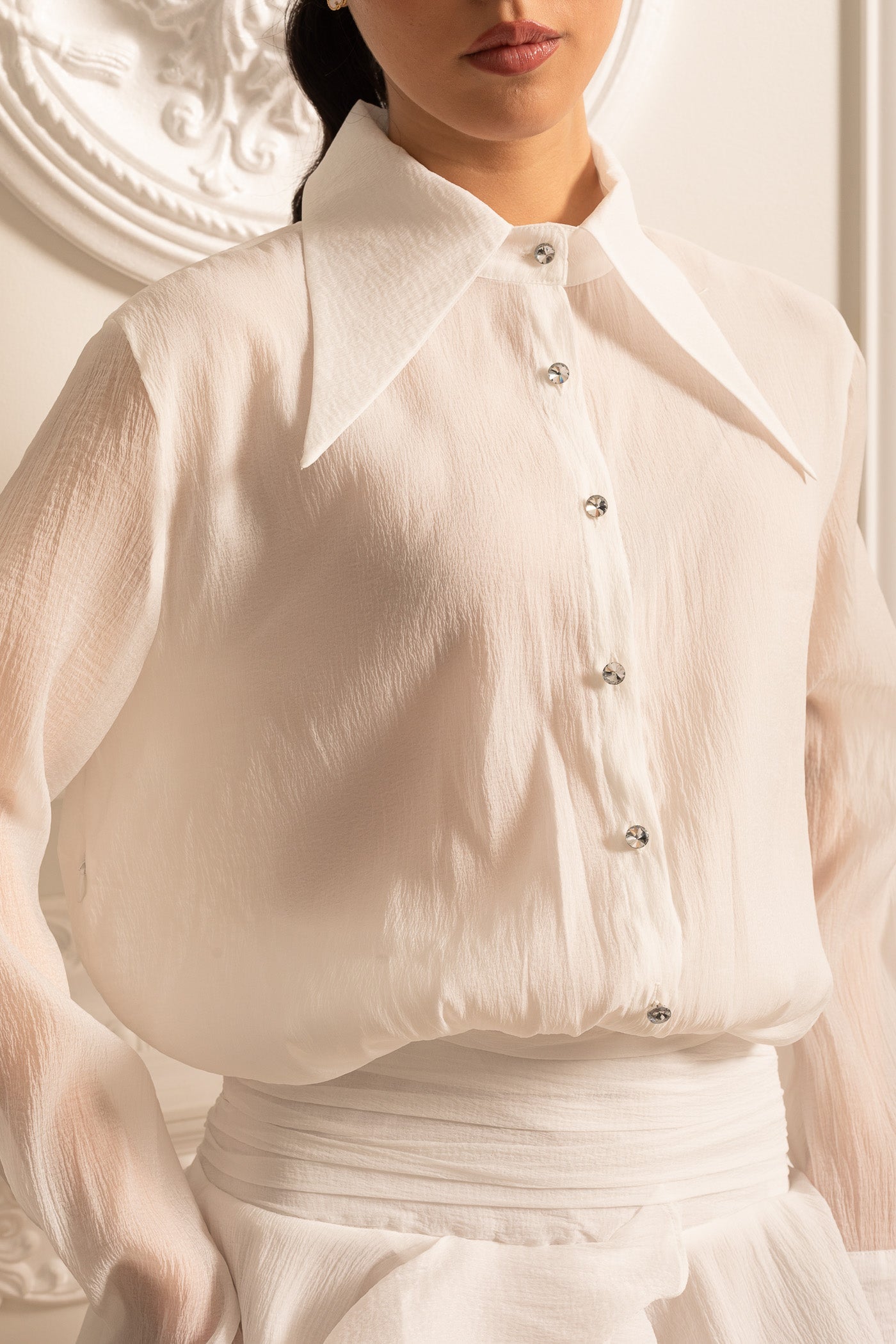 Button-Up Shirt With Cinched Waist - White