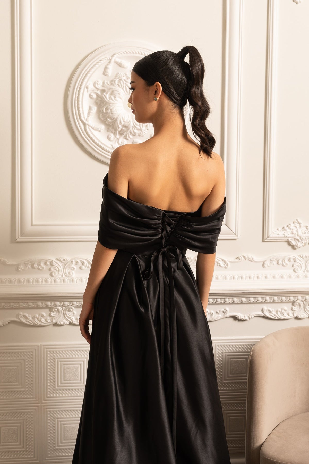 Off-Shoulder Satin Gown With Draping Skirt And Back Laces Closure - Black