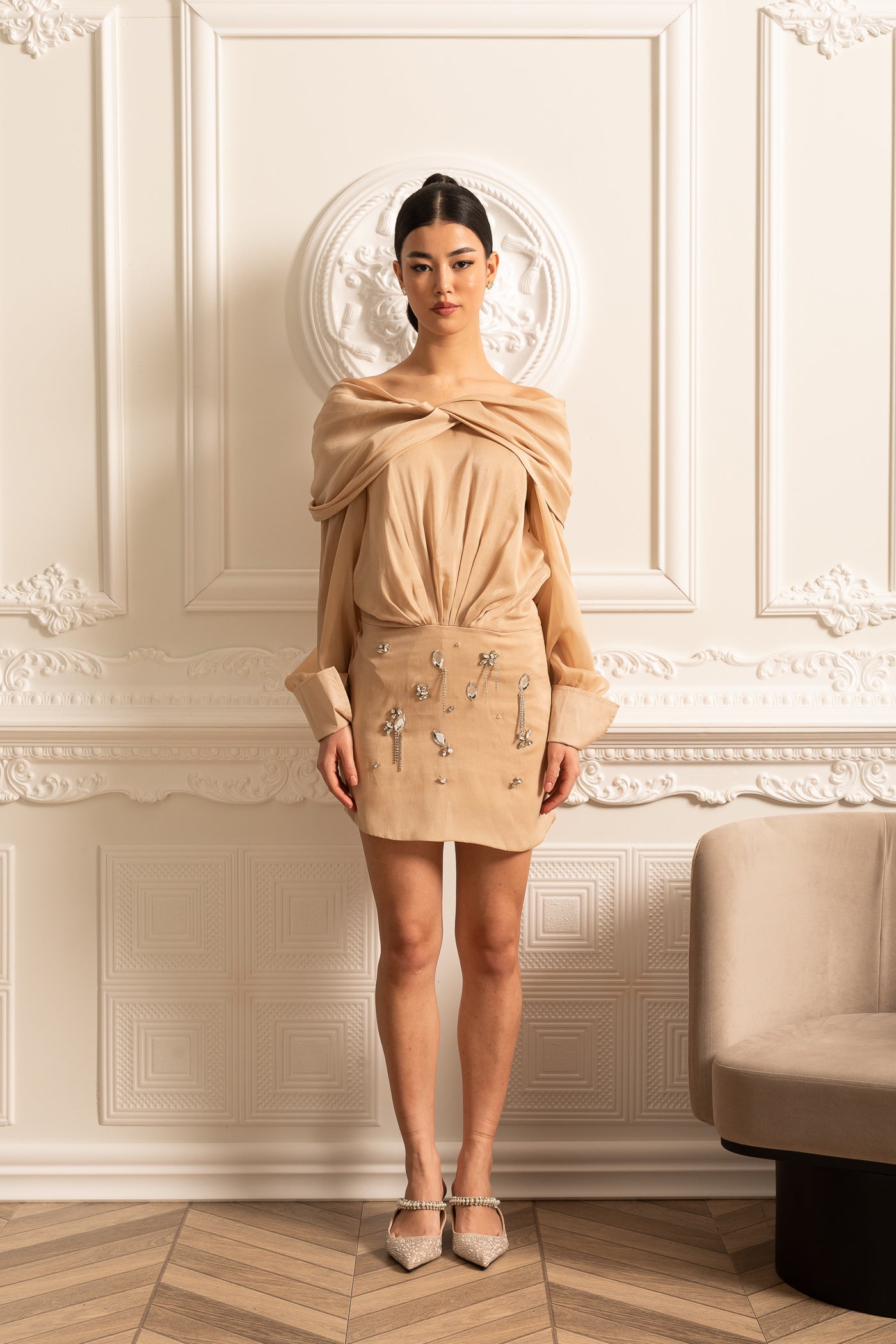 Off-Shoulder Draping Dress With Long Sleeves And Sparkling Embellishments - Beige