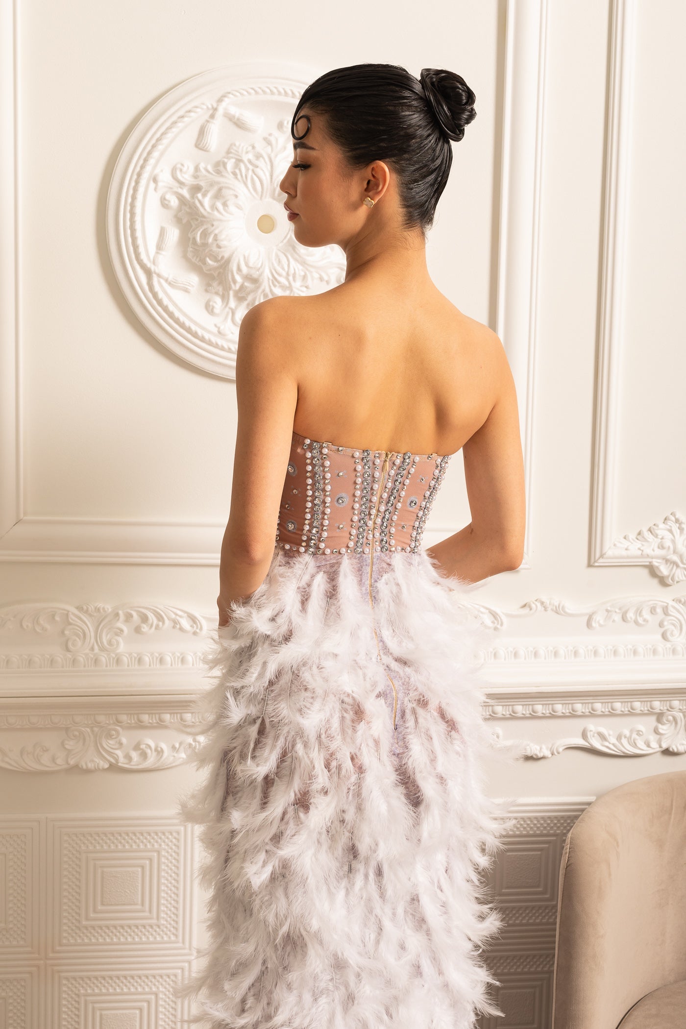 Sequined Strapless Dress With Luxurious Feather Adornments - Beige