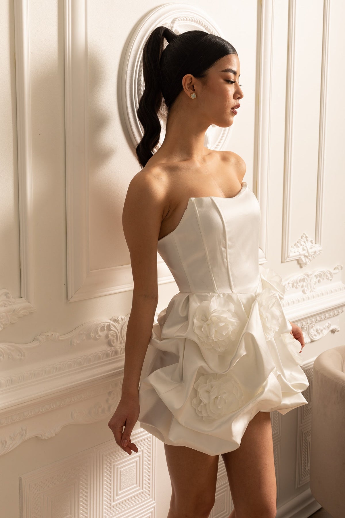 Satin Mini Dress With Gathered Fabric Floral Mini Skirt - White