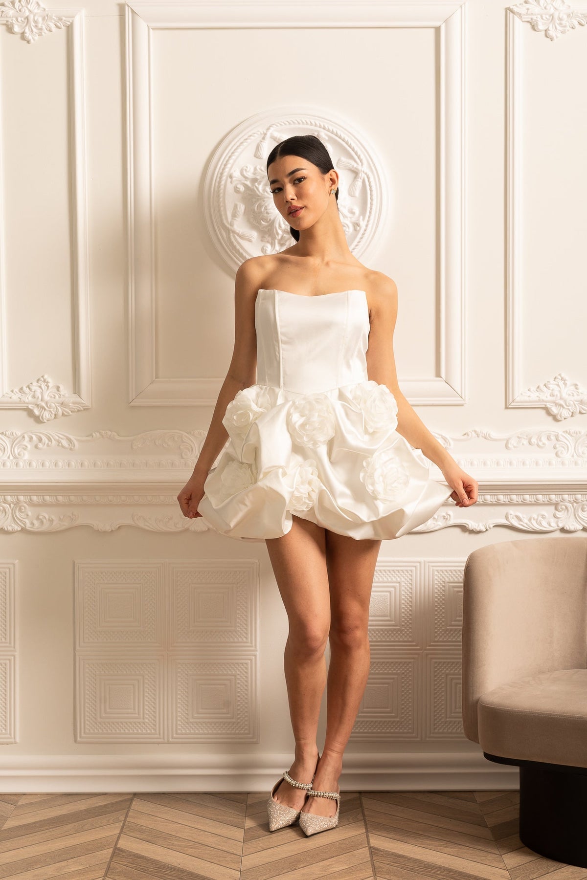Satin Mini Dress With Gathered Fabric Floral Mini Skirt - White