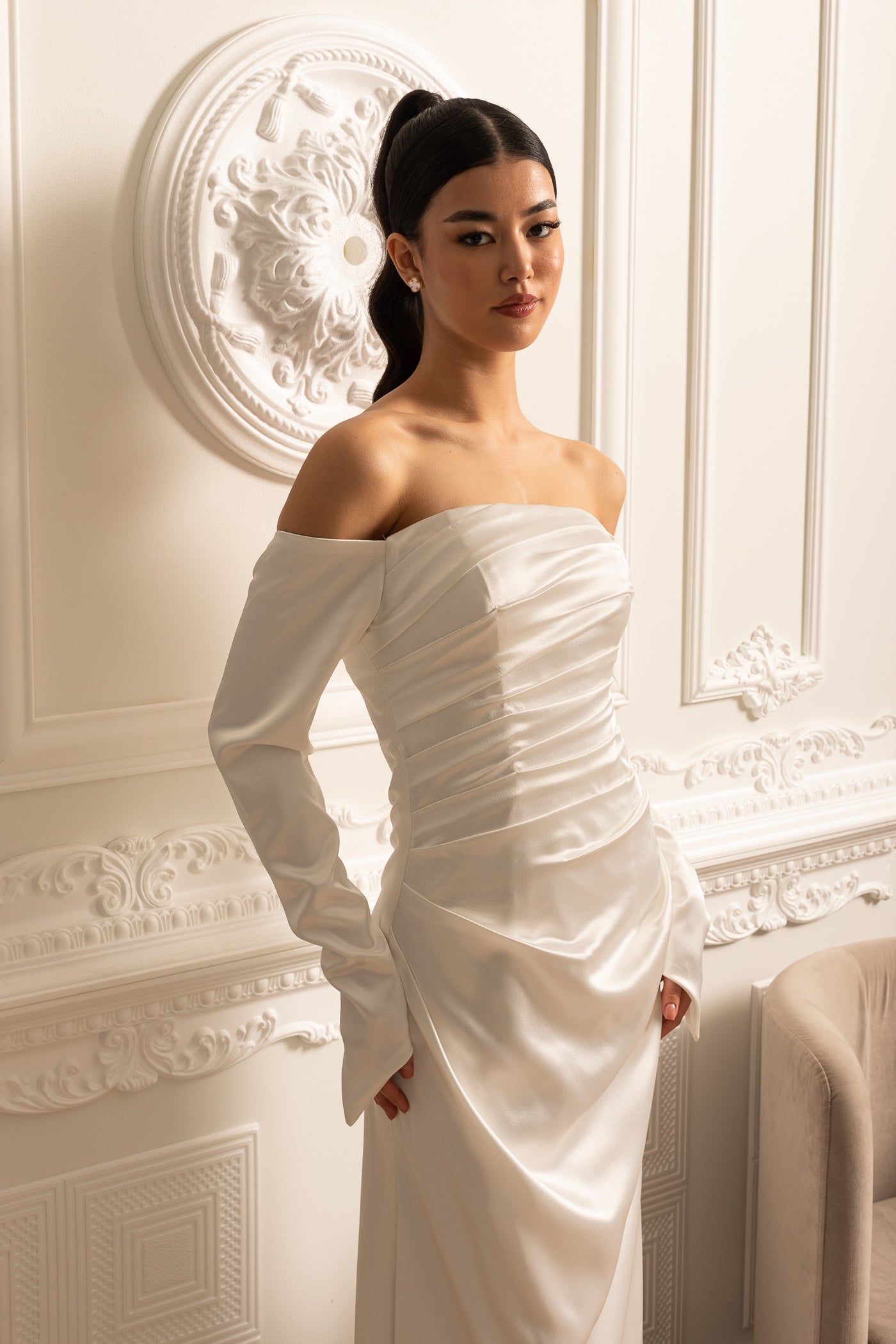 Off-Shoulder Satin Dress With Ruched Design And Draping Skirt - White