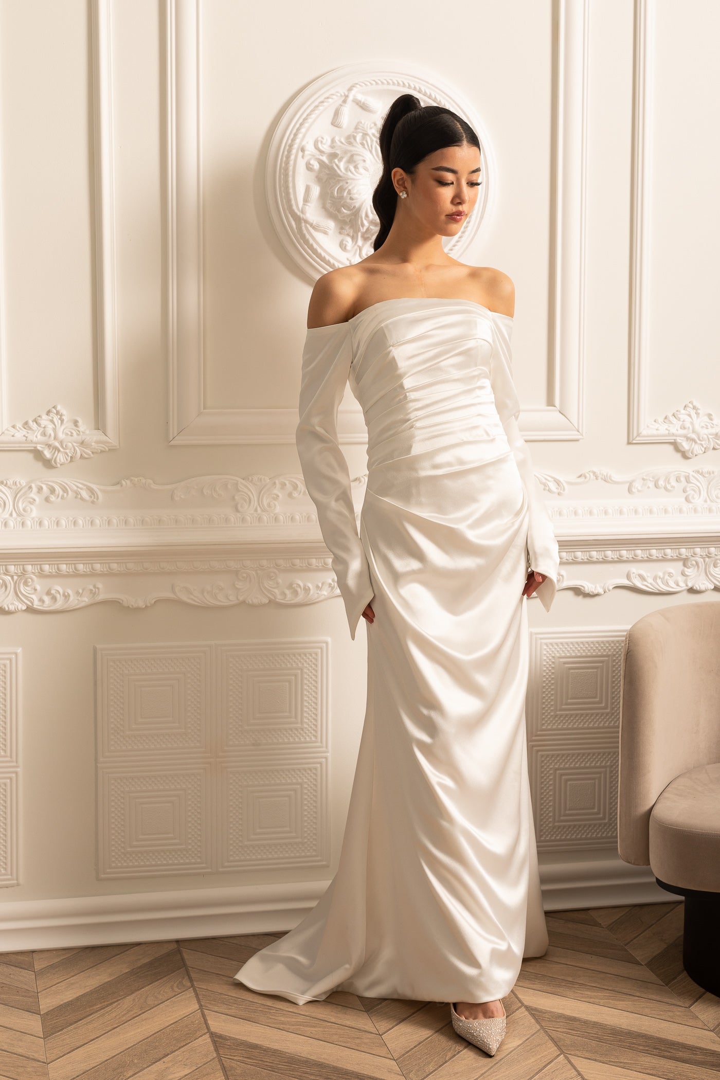 Off-Shoulder Satin Dress With Ruched Design And Draping Skirt - White