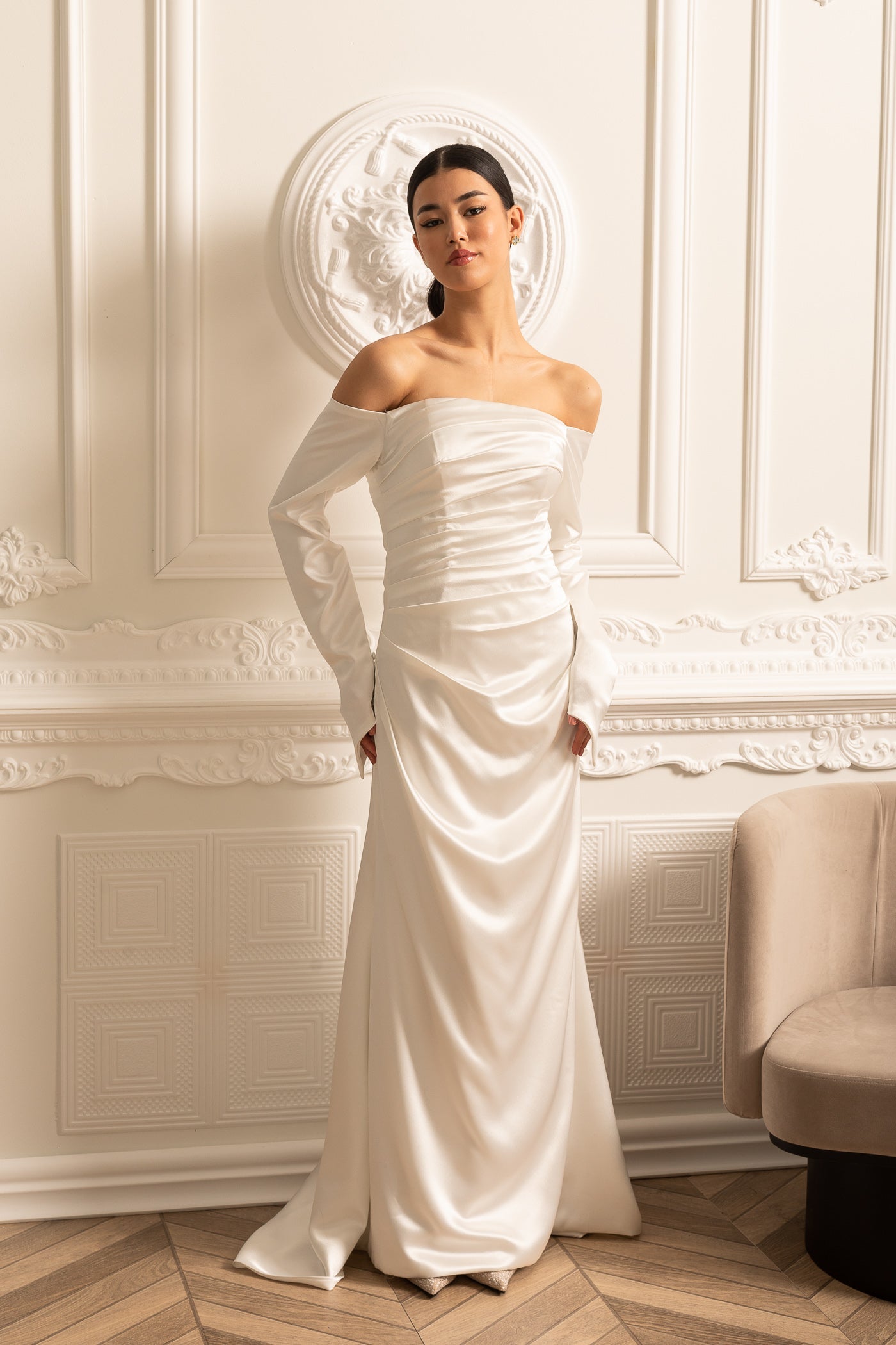 Off-Shoulder Satin Dress With Ruched Design And Draping Skirt - White
