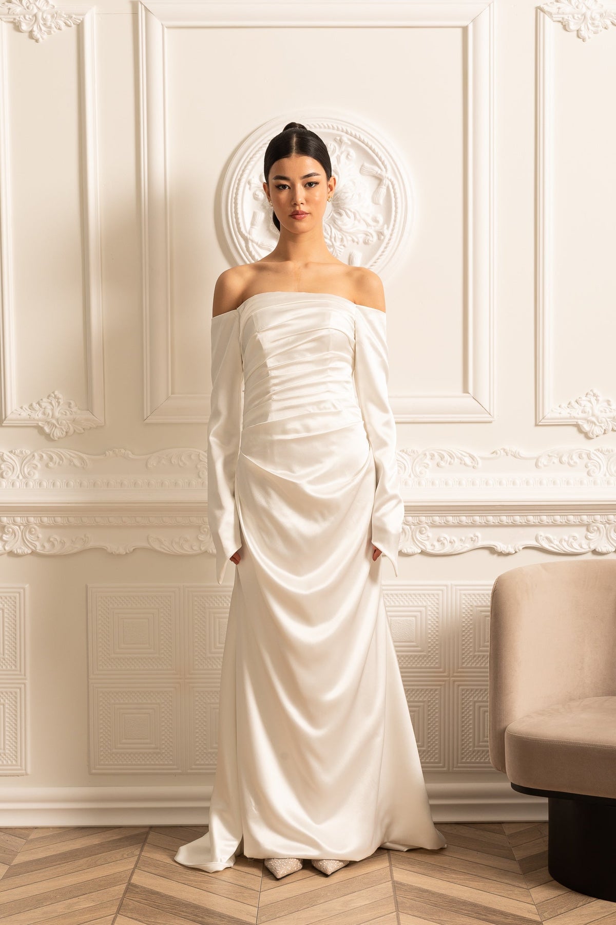 Off-Shoulder Satin Dress With Ruched Design And Draping Skirt - White