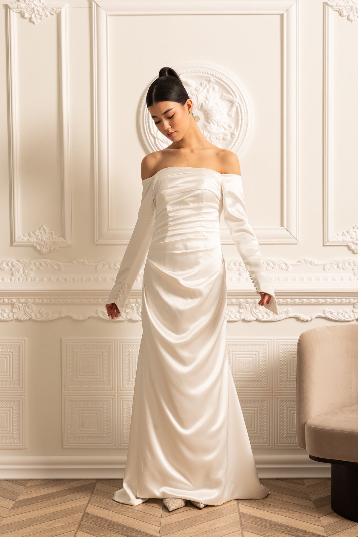 Off-Shoulder Satin Dress With Ruched Design And Draping Skirt - White