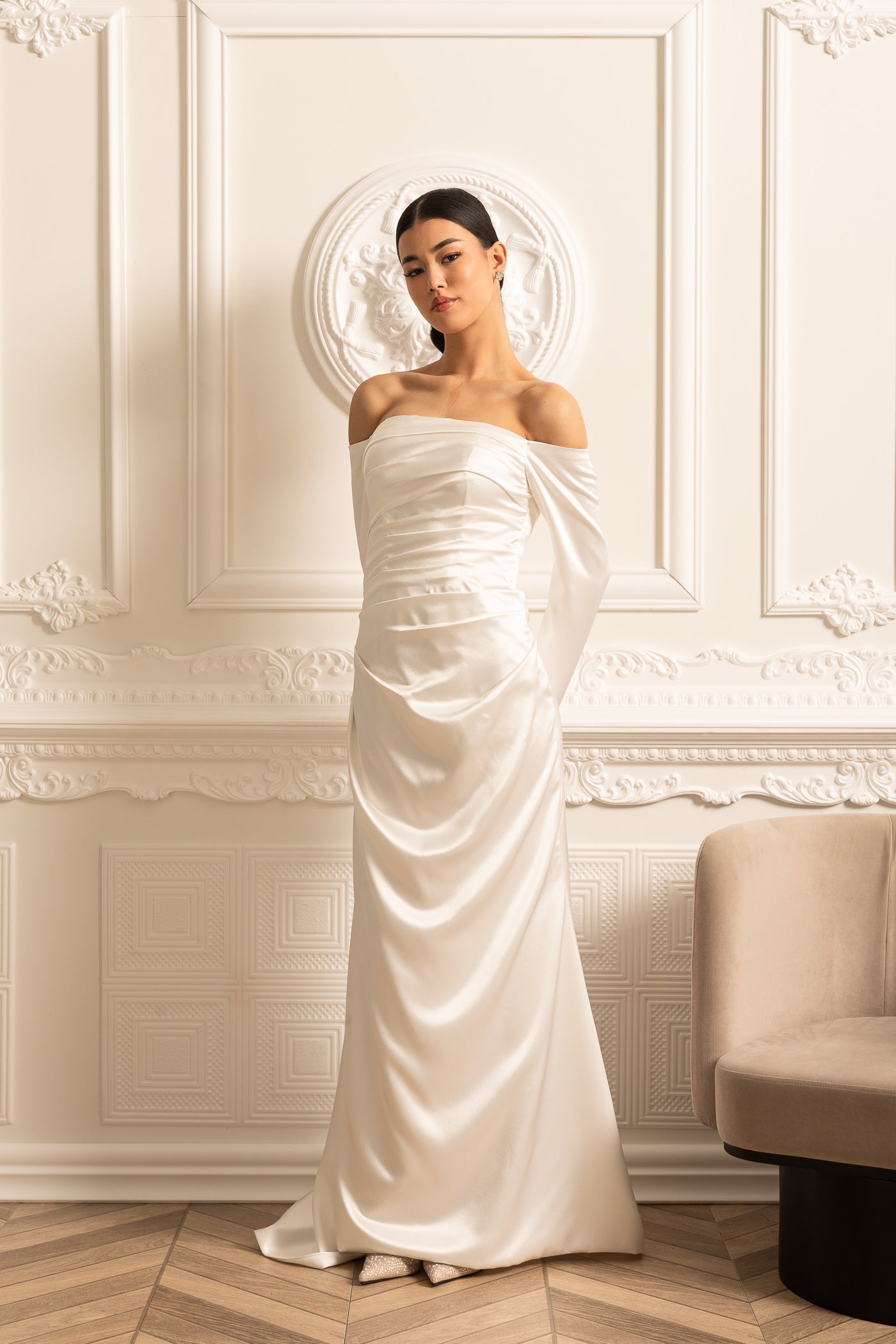 Off-Shoulder Satin Dress With Ruched Design And Draping Skirt - White