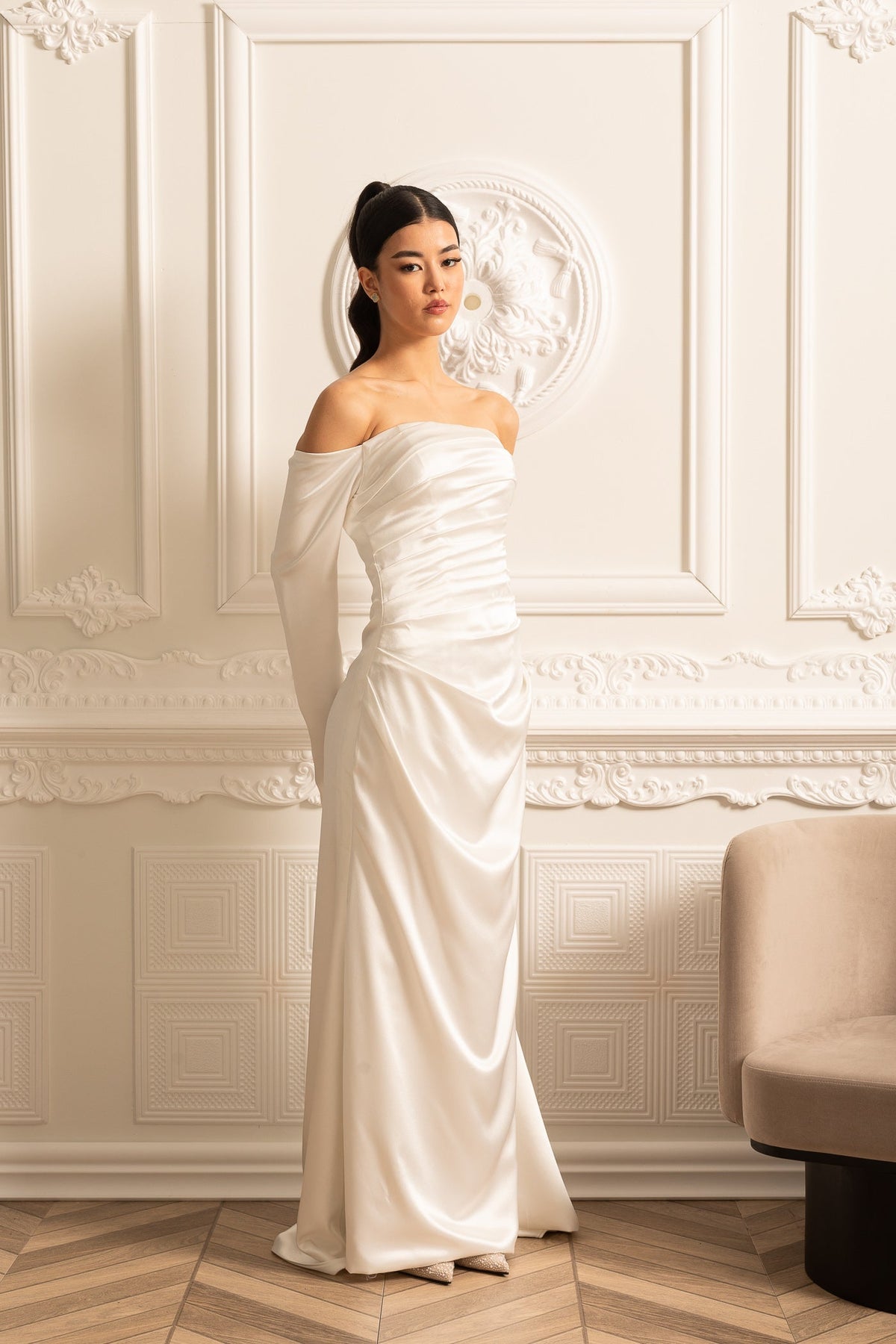 Off-Shoulder Satin Dress With Ruched Design And Draping Skirt - White