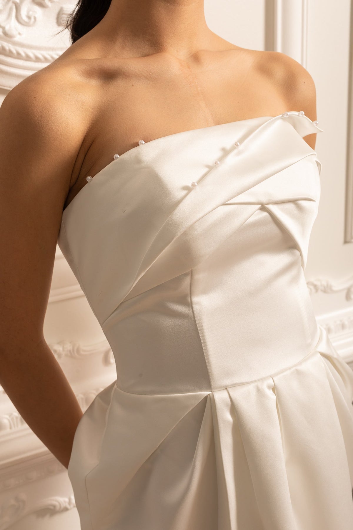 Strapless Midi Dress With Ruched Chest Detailing - White