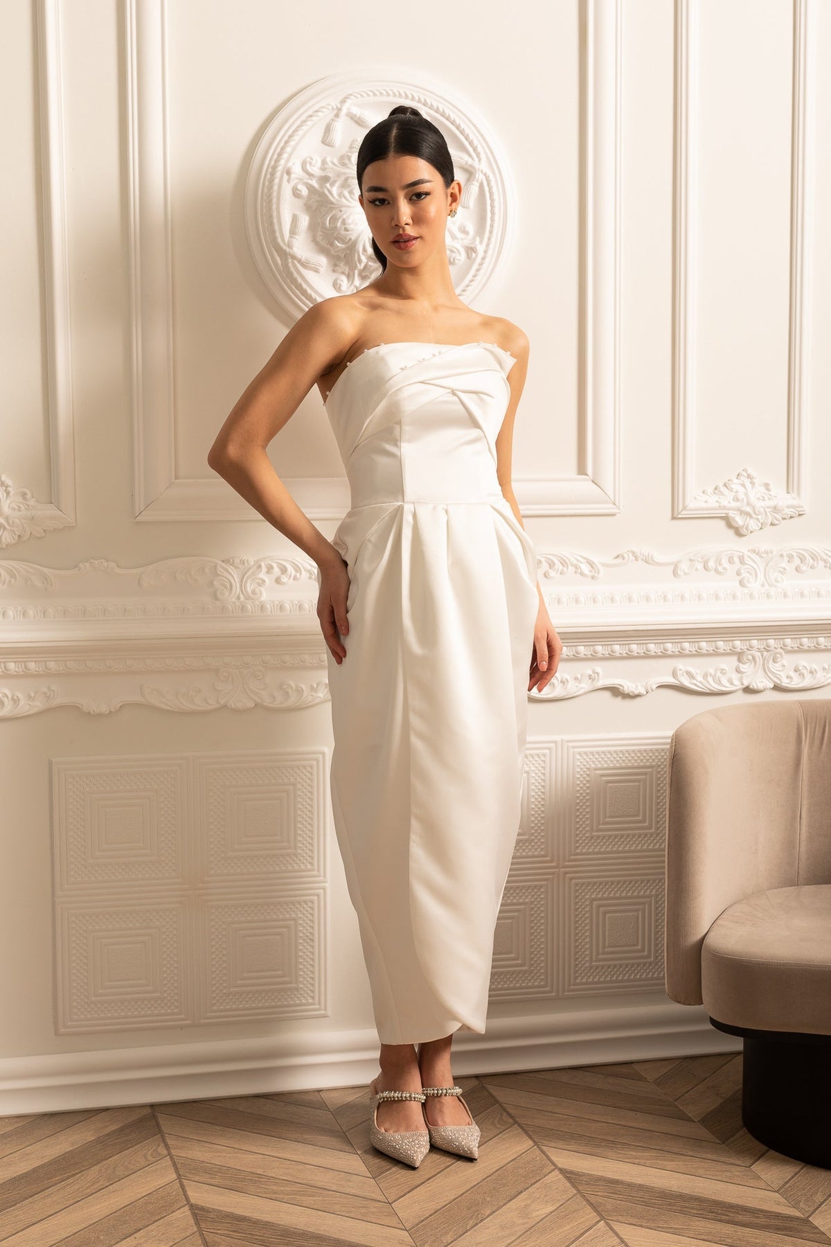Strapless Midi Dress With Ruched Chest Detailing - White