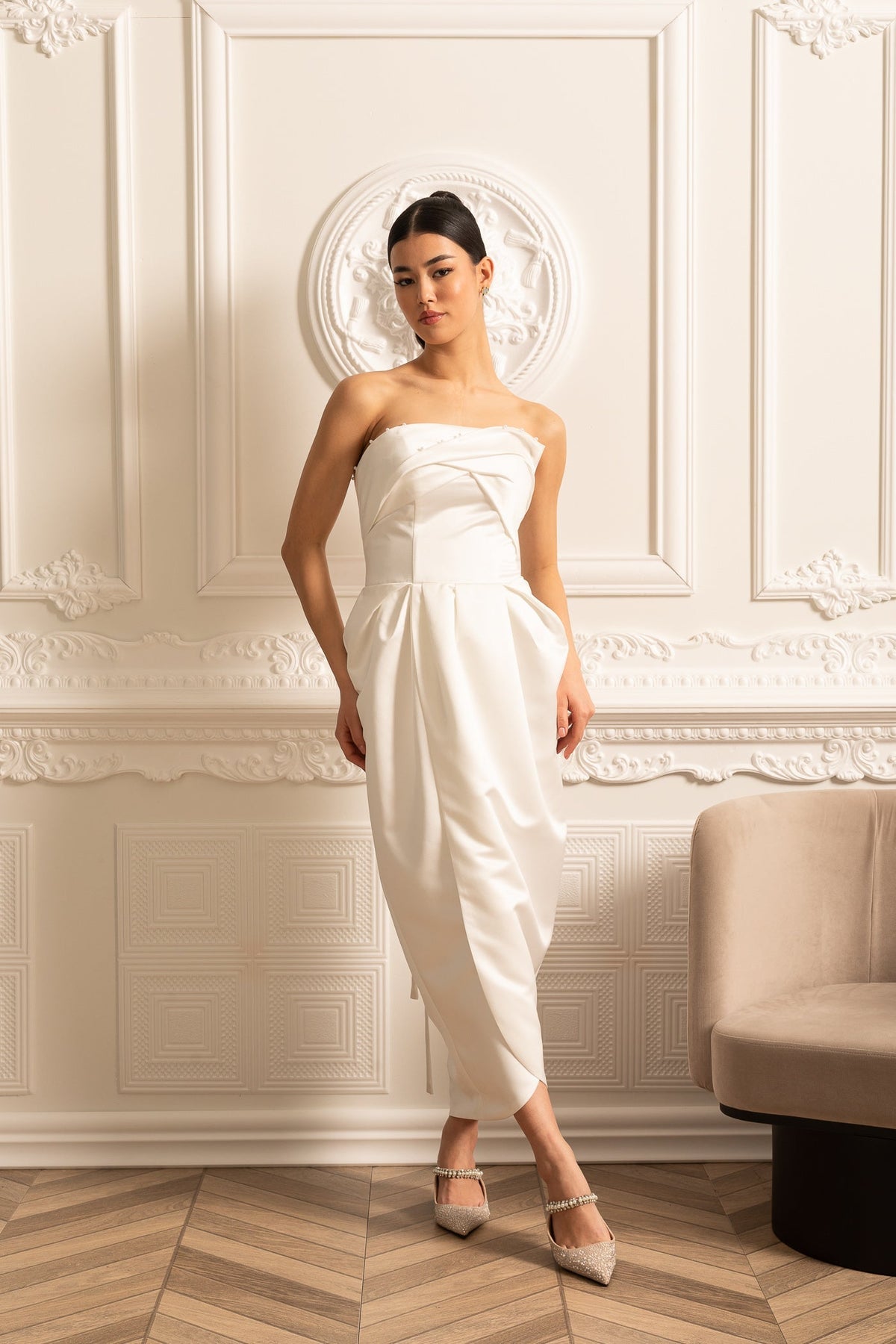Strapless Midi Dress With Ruched Chest Detailing - White