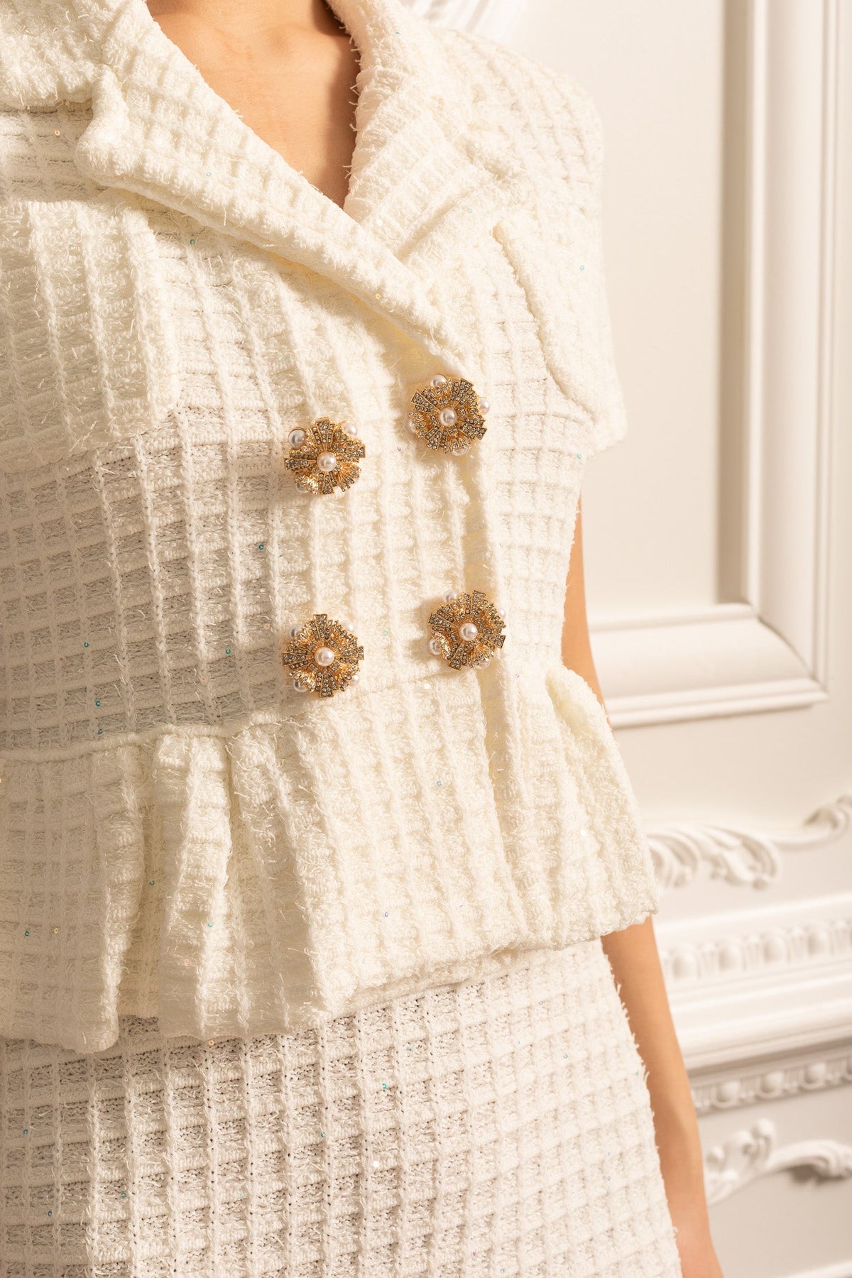 Knitted Midi Dress With Gold Buttons And Peplum Waist - White