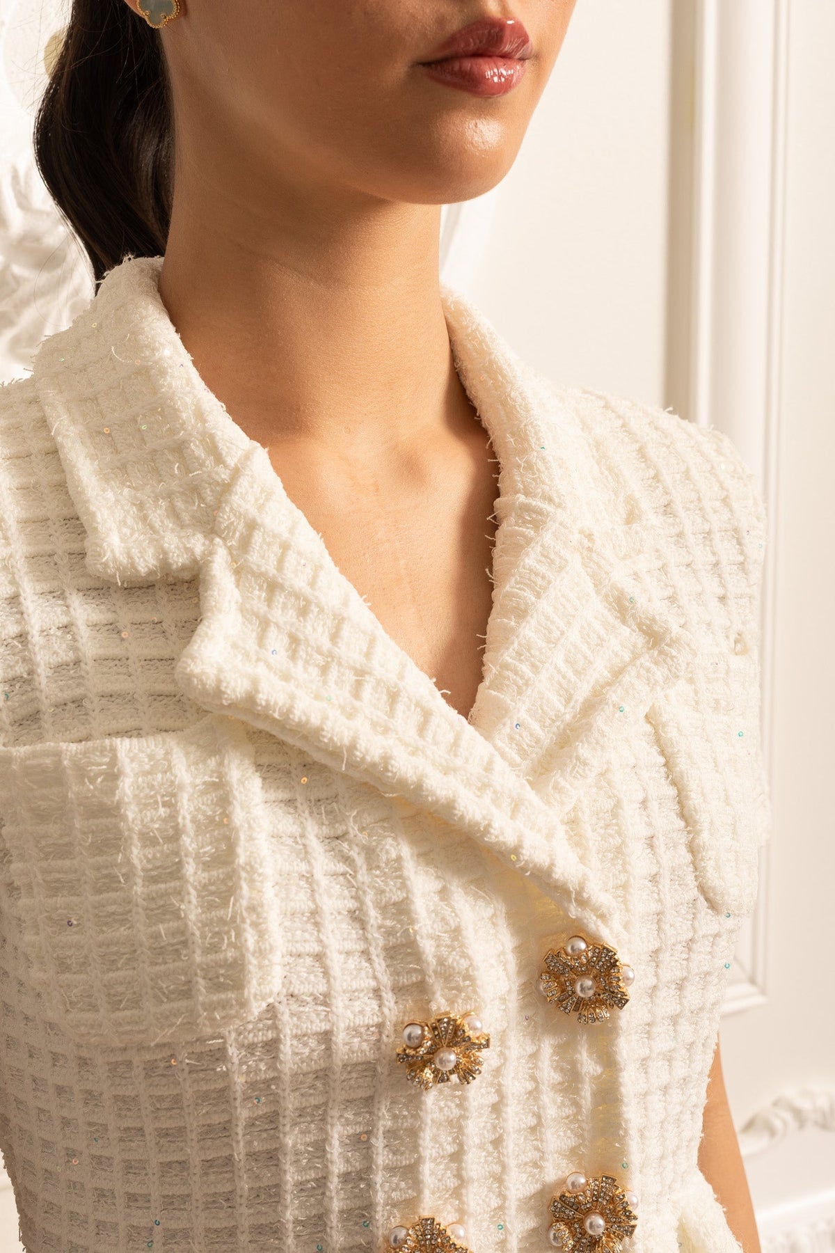 Knitted Midi Dress With Gold Buttons And Peplum Waist - White