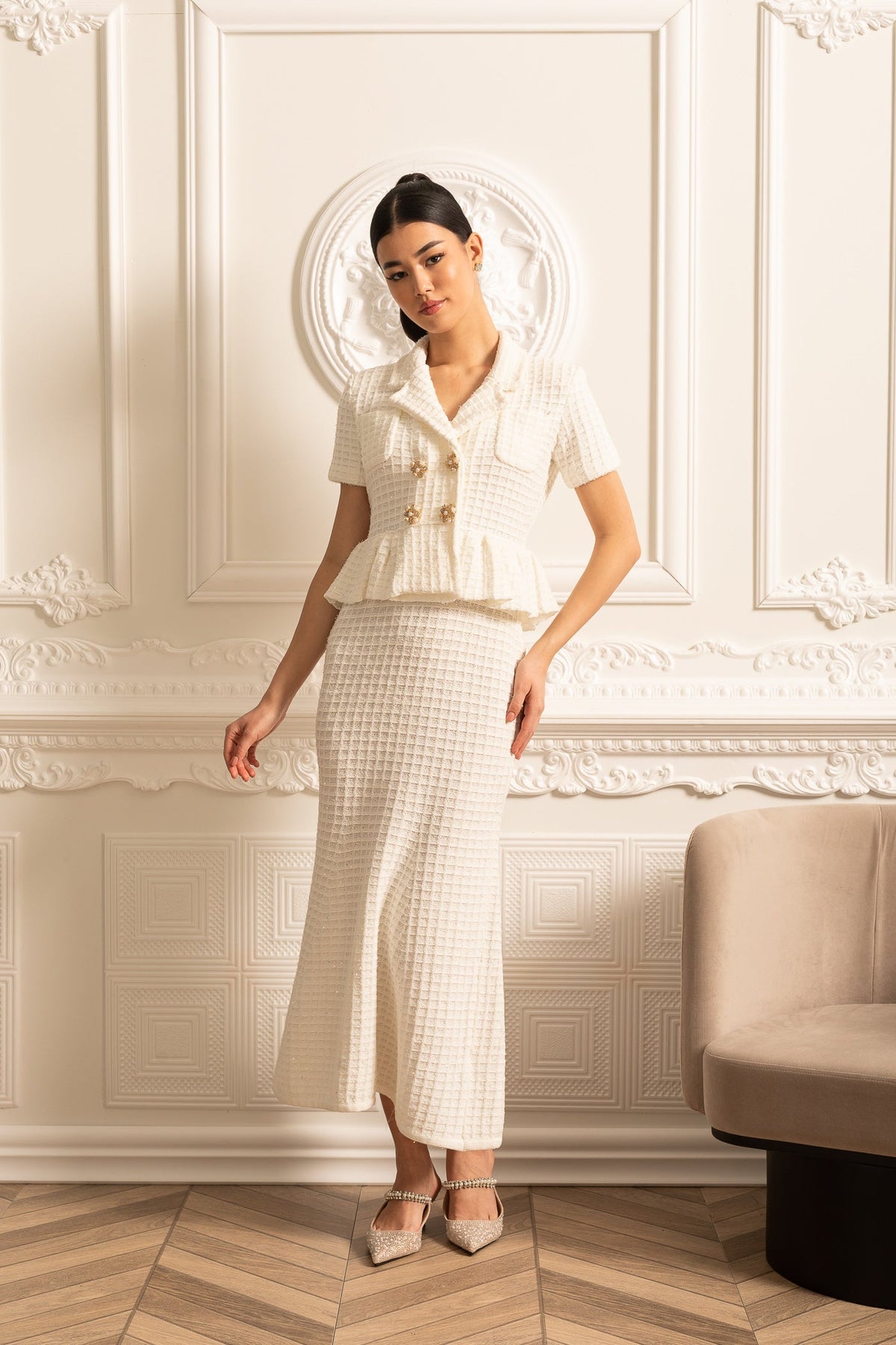 Knitted Midi Dress With Gold Buttons And Peplum Waist - White
