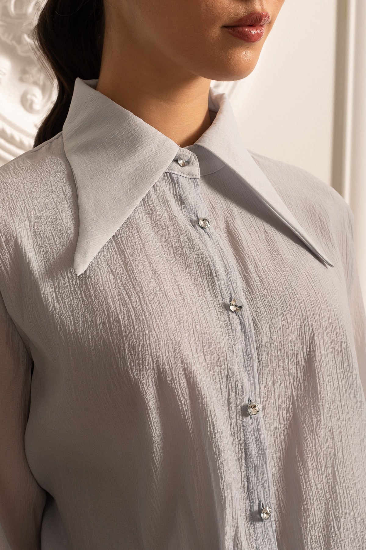 Button-Up Shirt With Cinched Waist - Gray