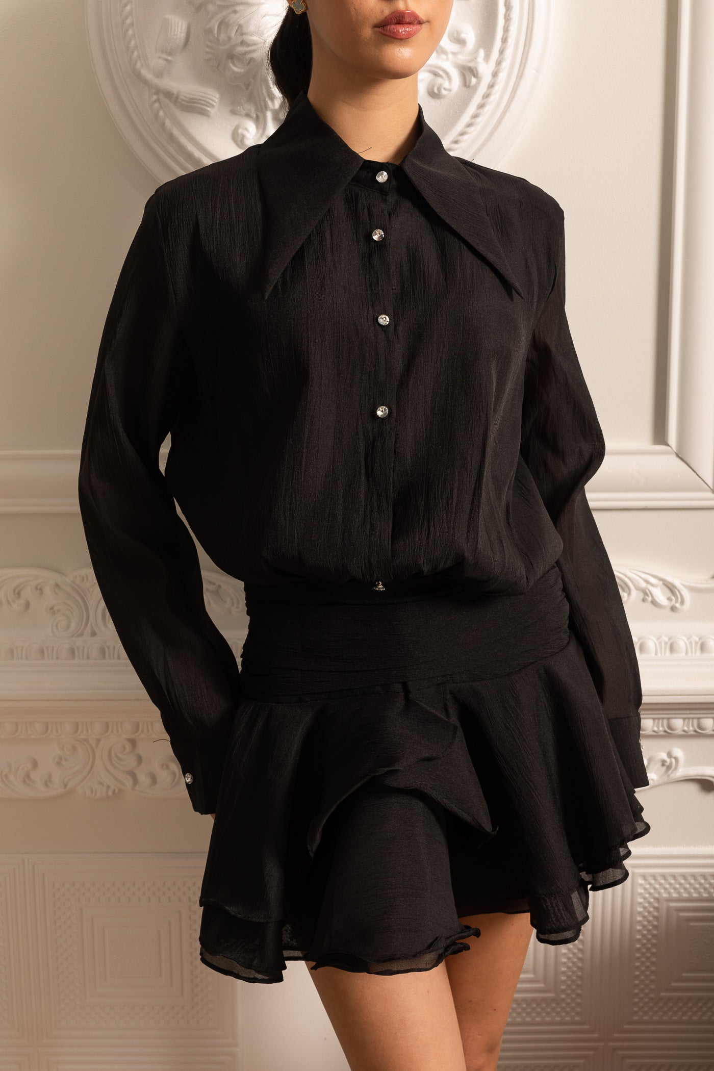 Button-Up Shirt With Cinched Waist - Black