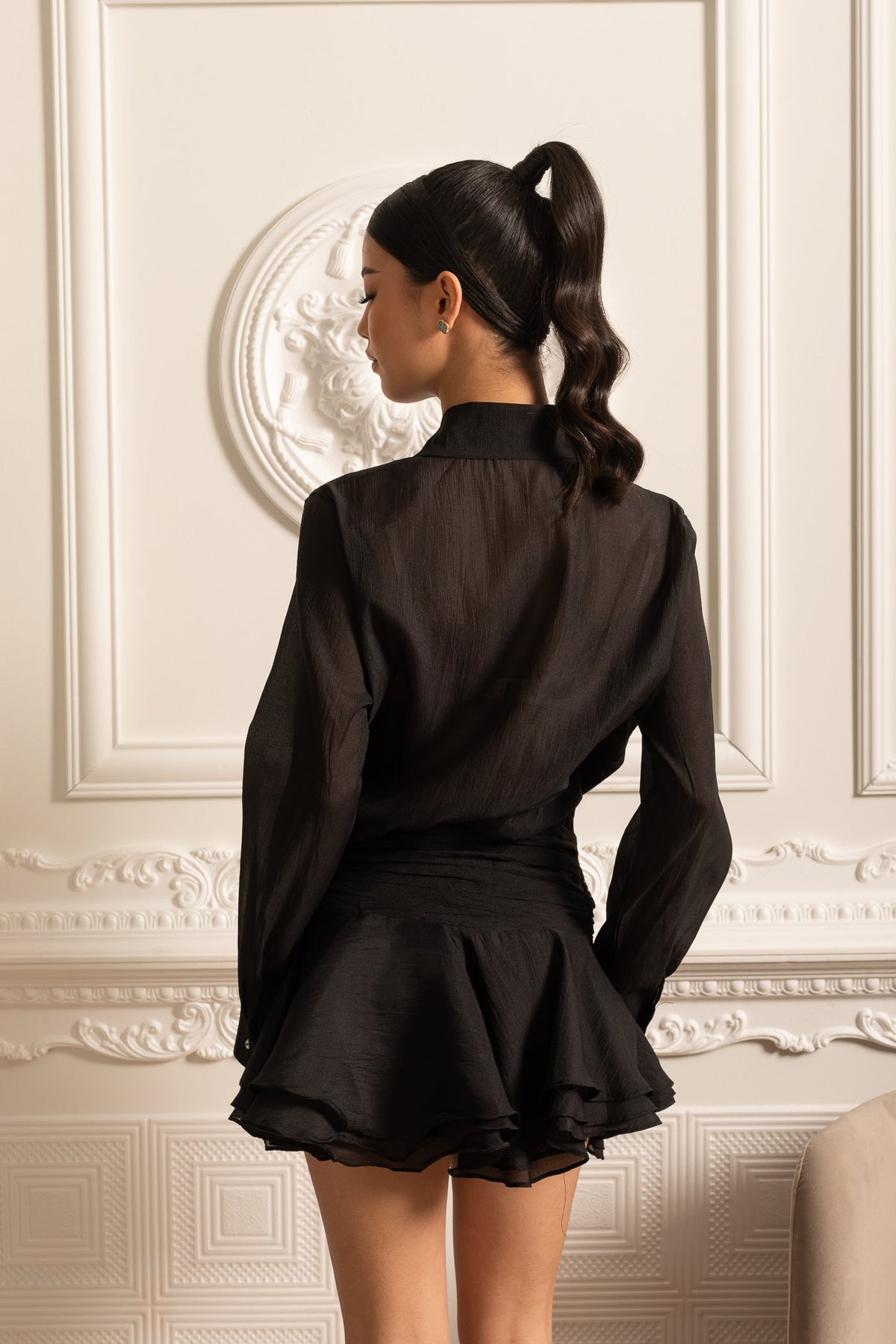 Button-Up Shirt With Cinched Waist - Black