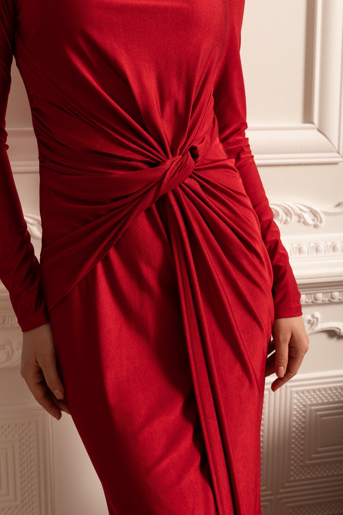 Satin Dress With Long Sleeves, Side Draping And Twisted Waist Detail - Red