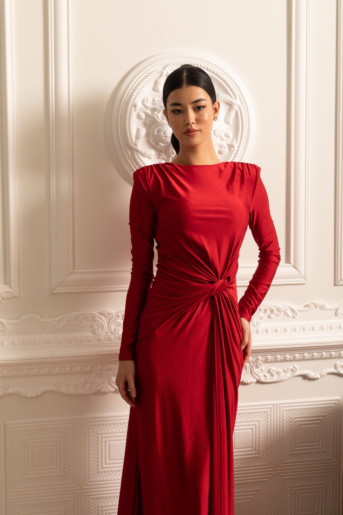 Satin Dress With Long Sleeves, Side Draping And Twisted Waist Detail - Red