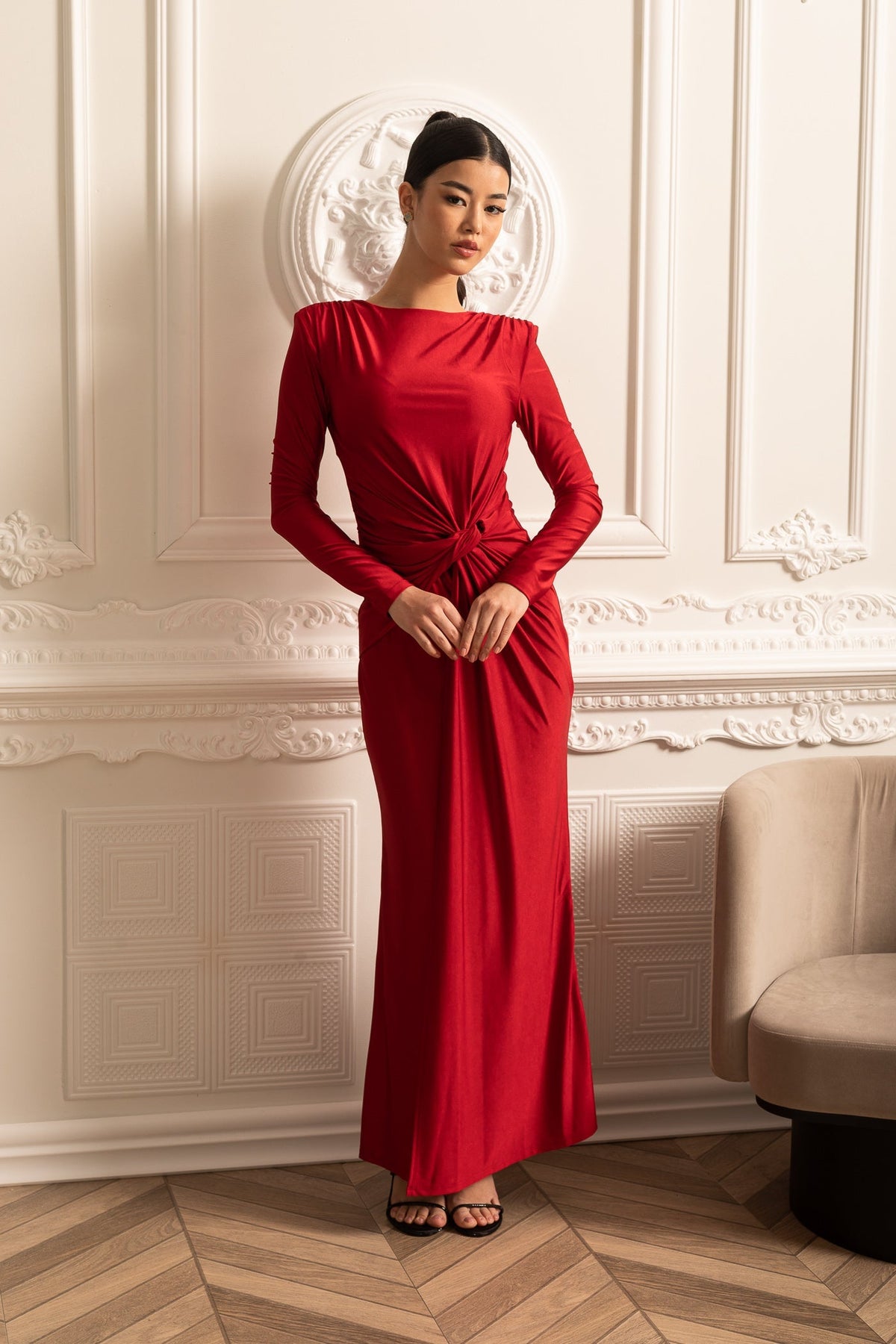 Satin Dress With Long Sleeves, Side Draping And Twisted Waist Detail - Red