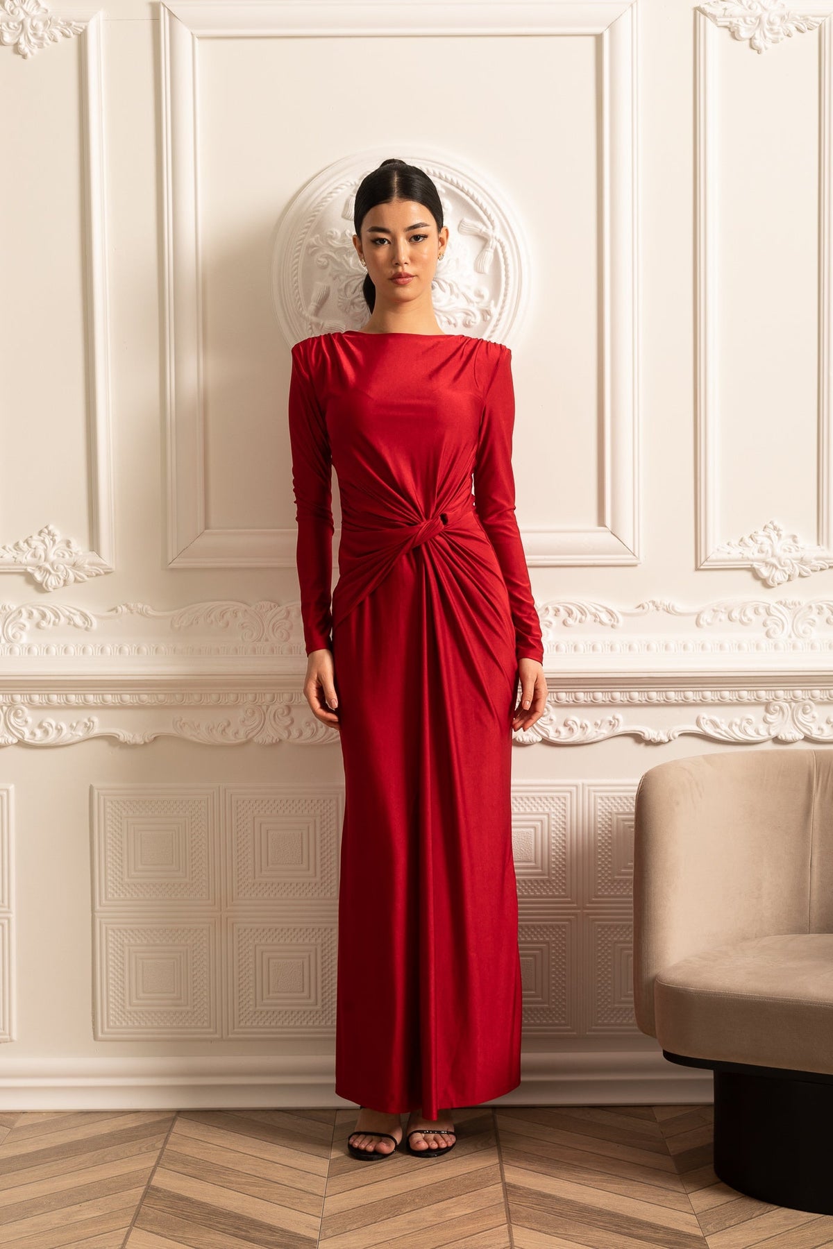 Satin Dress With Long Sleeves, Side Draping And Twisted Waist Detail - Red