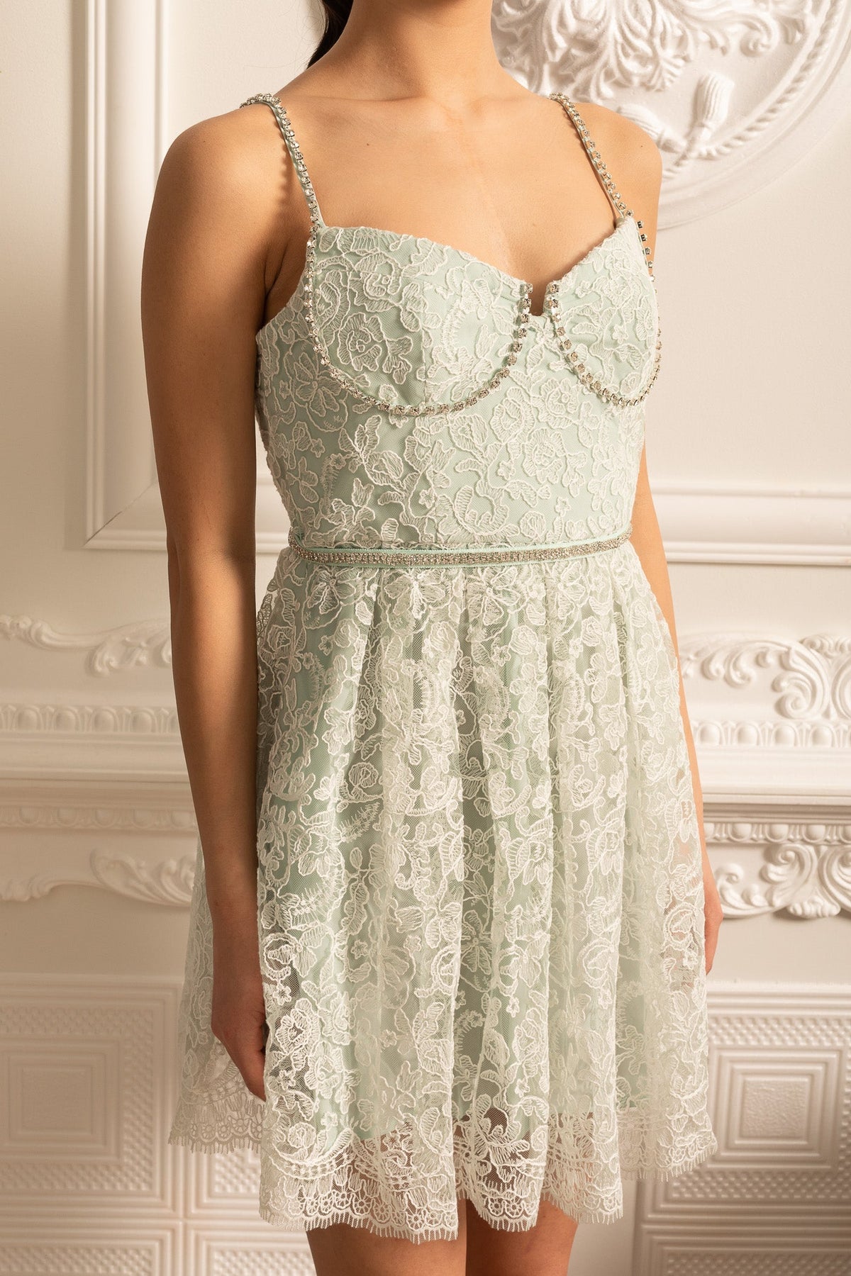 Mini Dress With Lace Floral Pattern And Sparkling Details - Mint Green