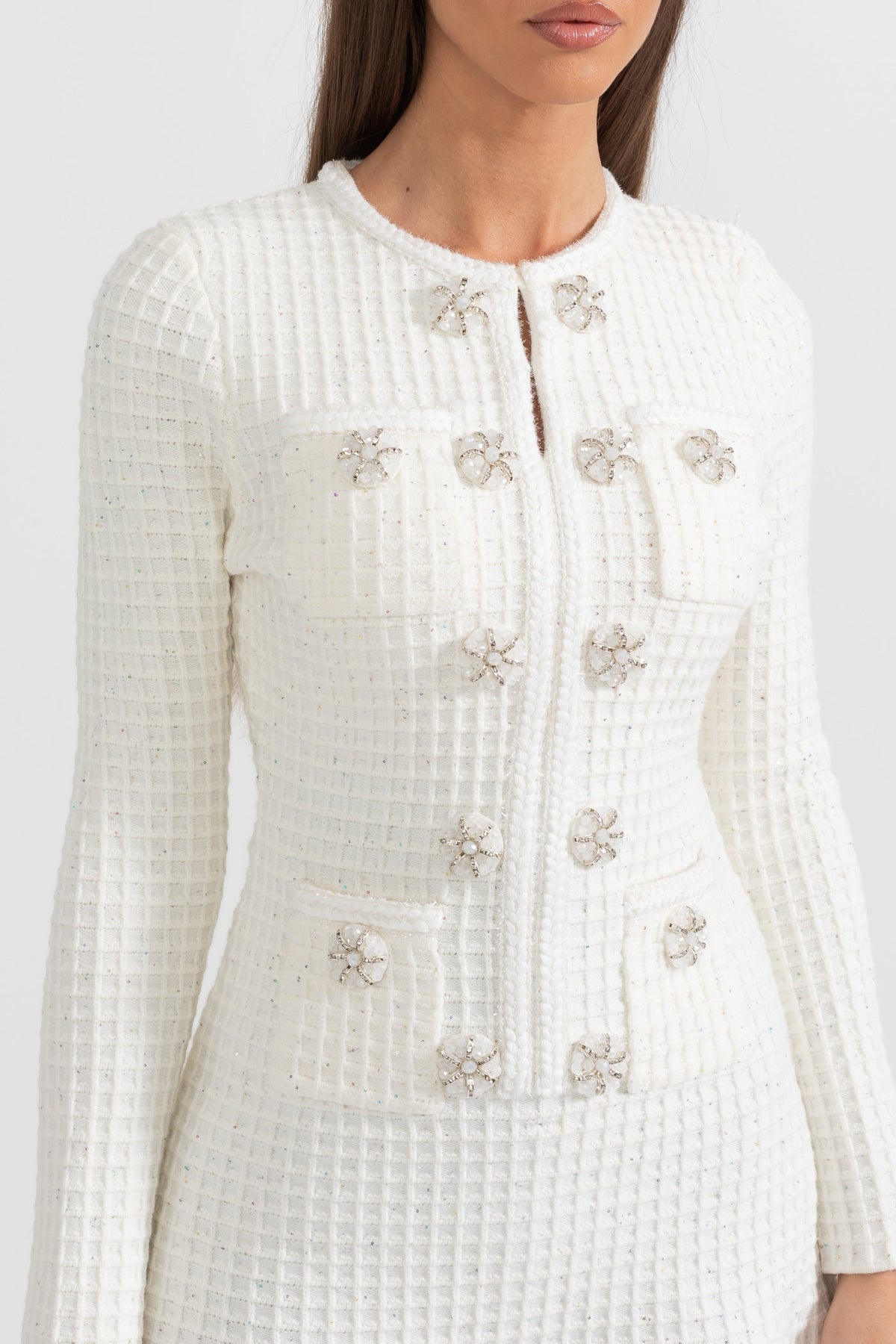 Florentine White Long Sleeve Knee-Length Knitted Dress