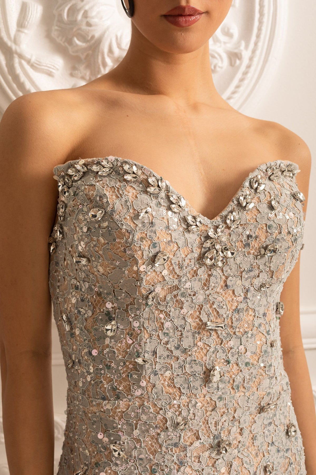 Patterned Strapless Dress With Fringe Detailing at Hem - Silver